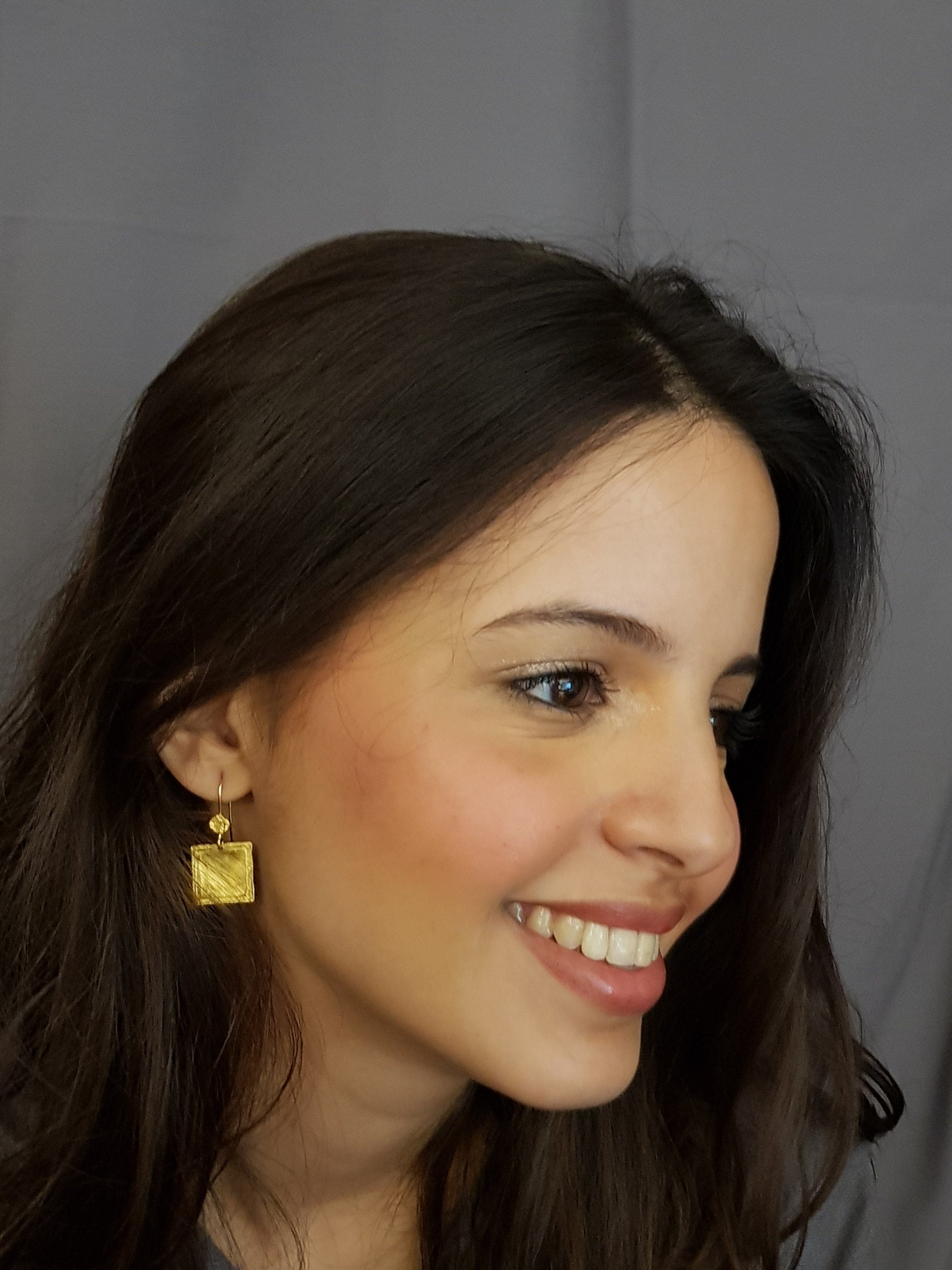 Small Square Drop Earrings Smooth Gold Plated