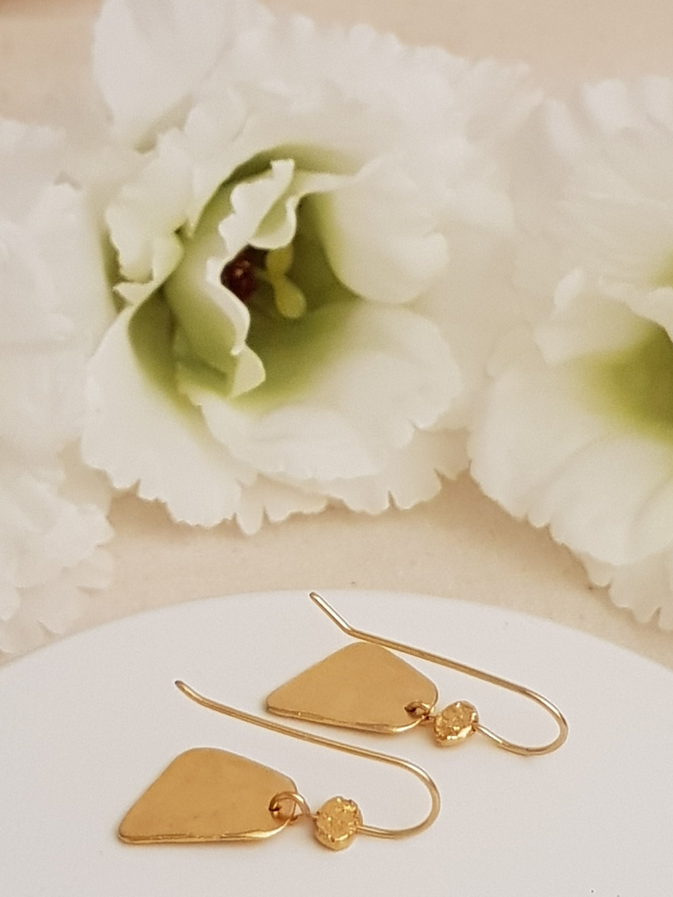 Small Geometric Triangle Gold Drop Earrings Hammered Gold Plated