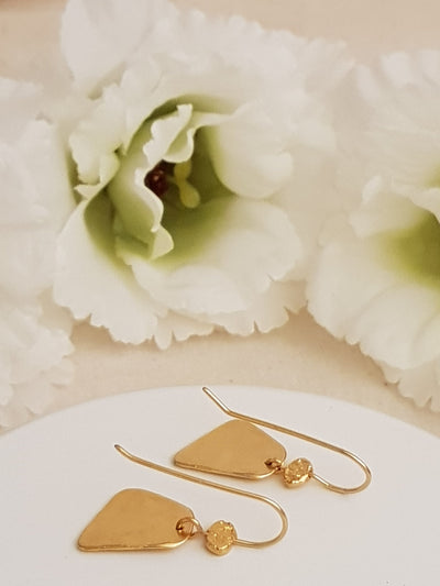 Small Geometric Triangle Gold Drop Earrings Hammered Gold Plated-ZadokGold