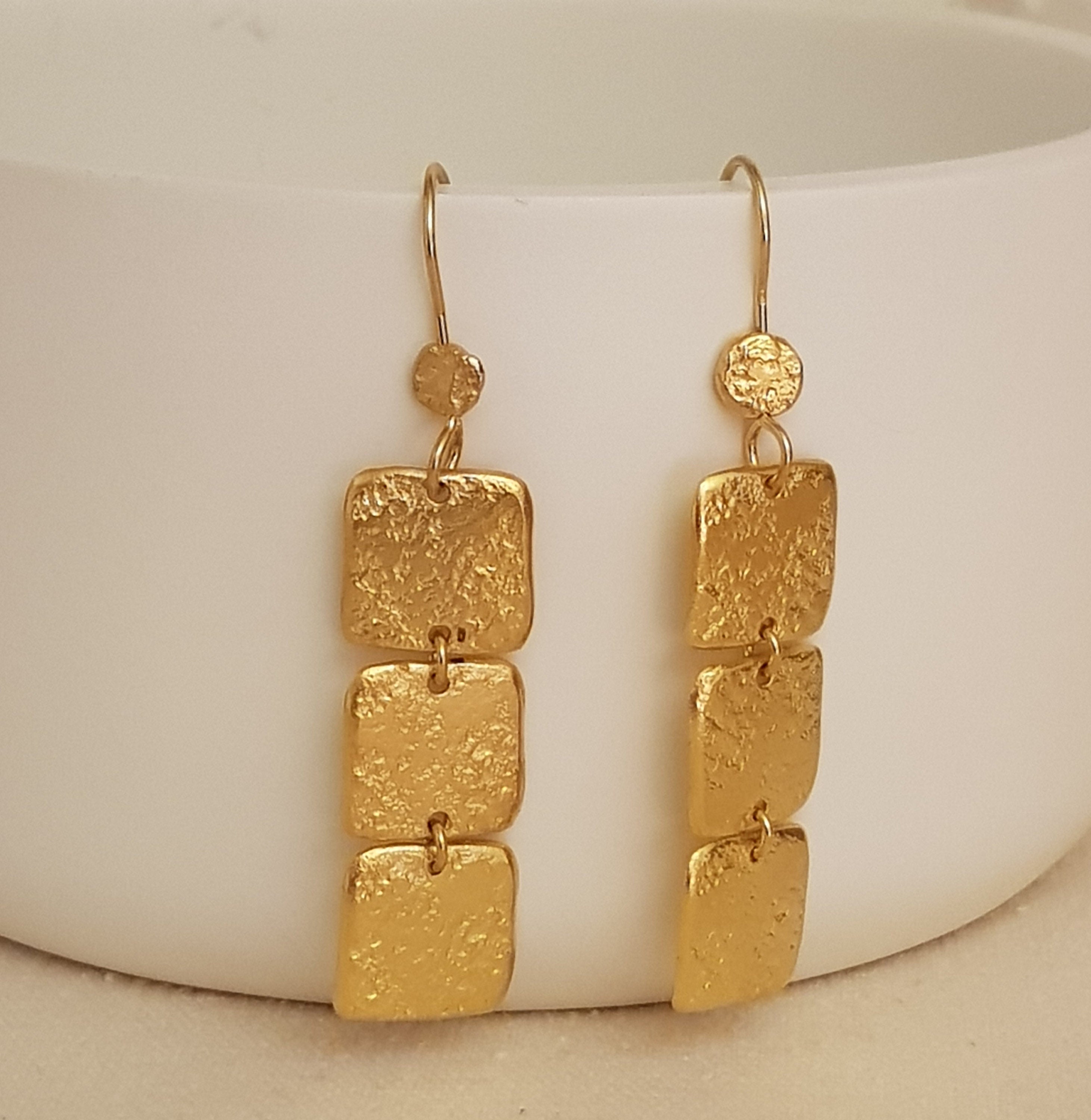 18K Textured Gold Long Rectangle Dangle Earrings