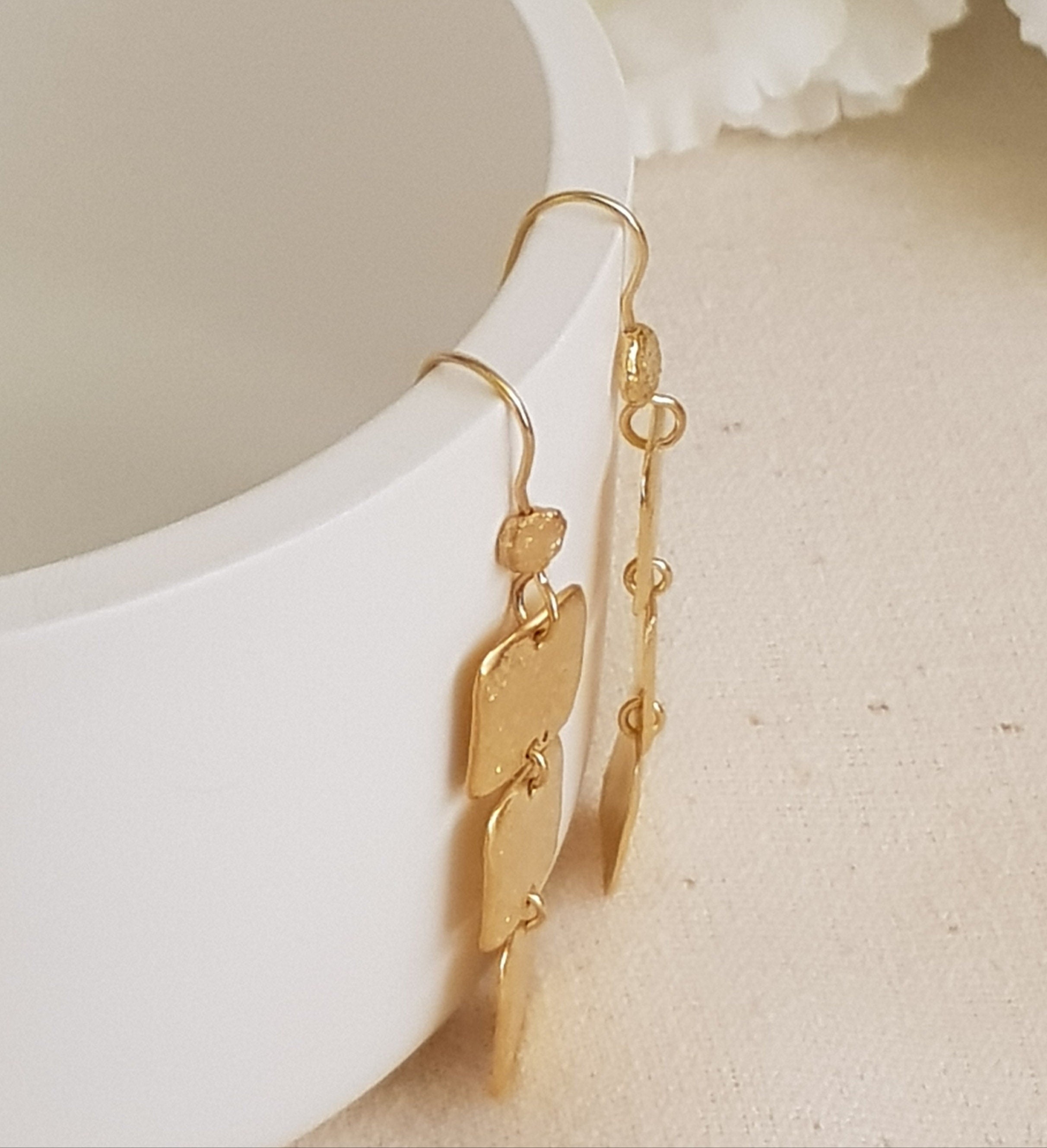 18K Textured Gold Long Rectangle Dangle Earrings