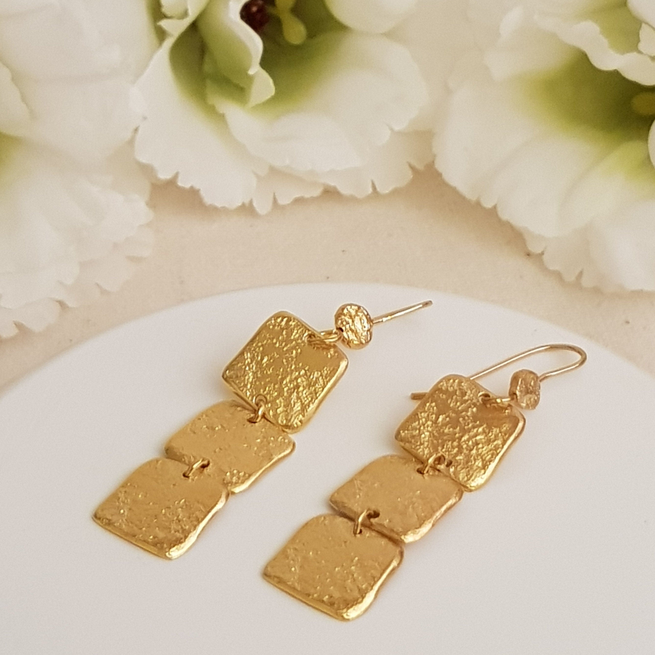 18K Textured Gold Long Rectangle Dangle Earrings