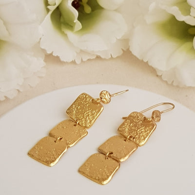 Long Rectangle Hammered Gold Plated Drop Earrings-ZadokGold