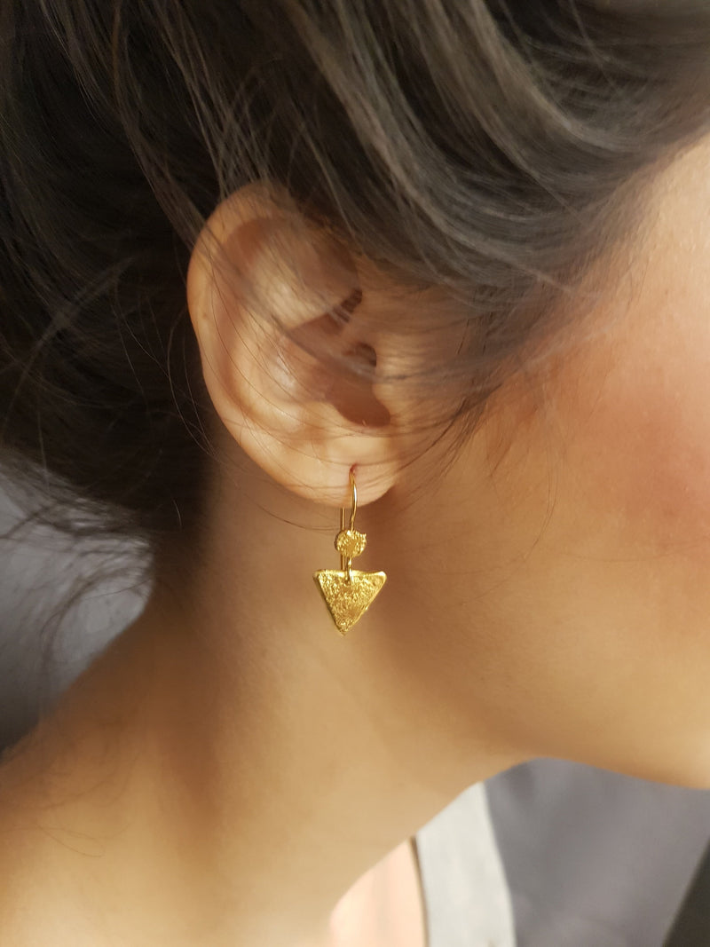 Gold earrings for women, Triangle Gold dangle earrings, hammered drop earrings,-ZadokGold