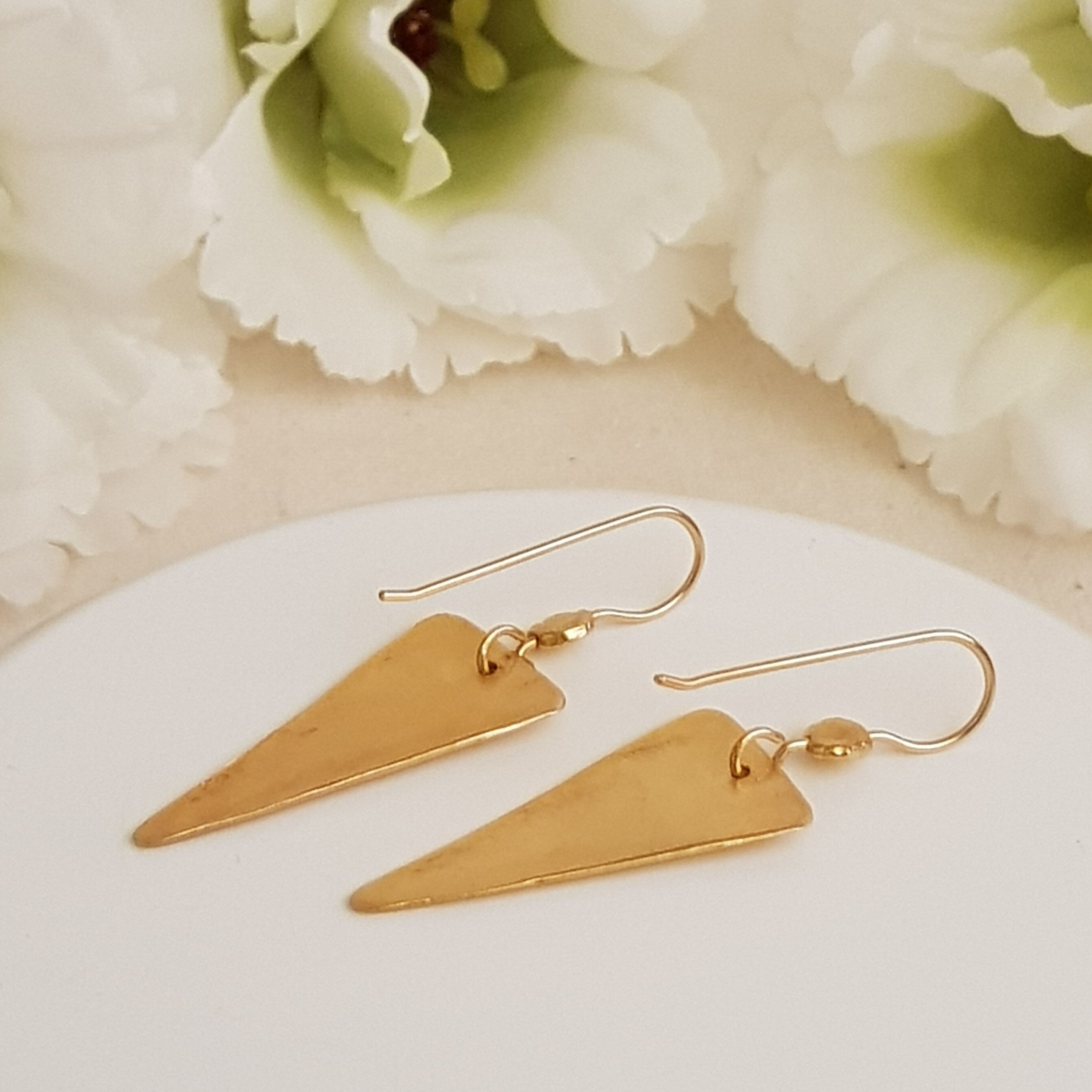 Long Hammered Gold Triangle Drop Earrings Gold Plated