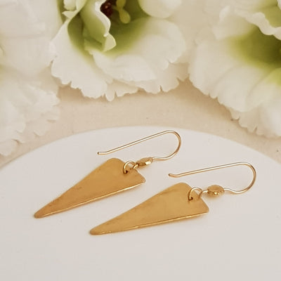 Long Hammered Gold Triangle Drop Earrings Gold Plated-ZadokGold