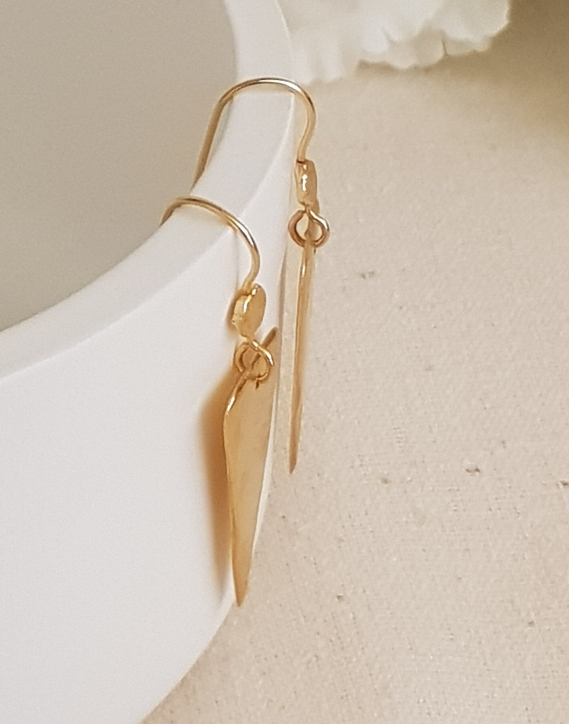 Long Hammered Gold Triangle Drop Earrings Gold Plated