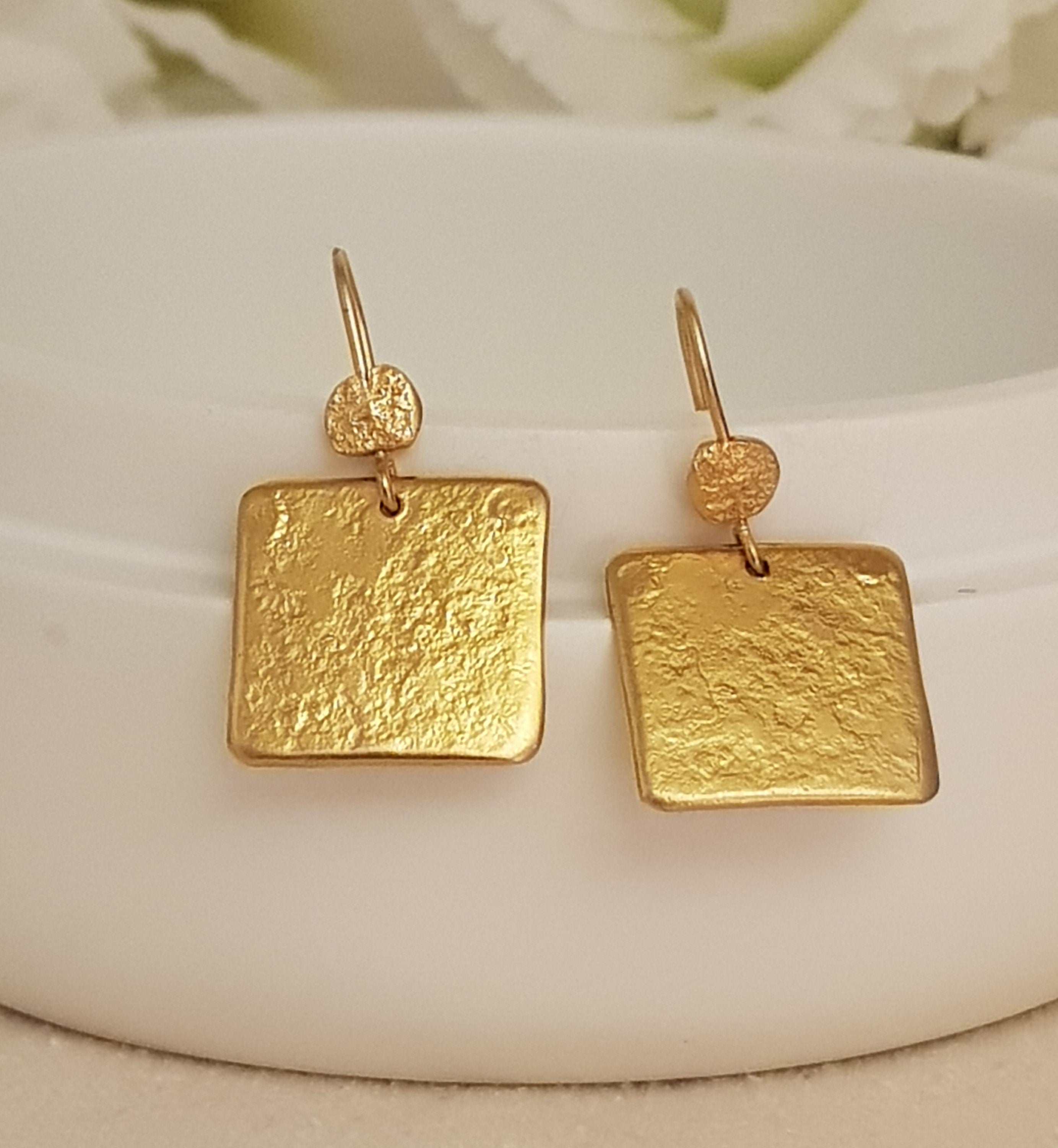 Textured Gold Plated Large Square Drop Earrings