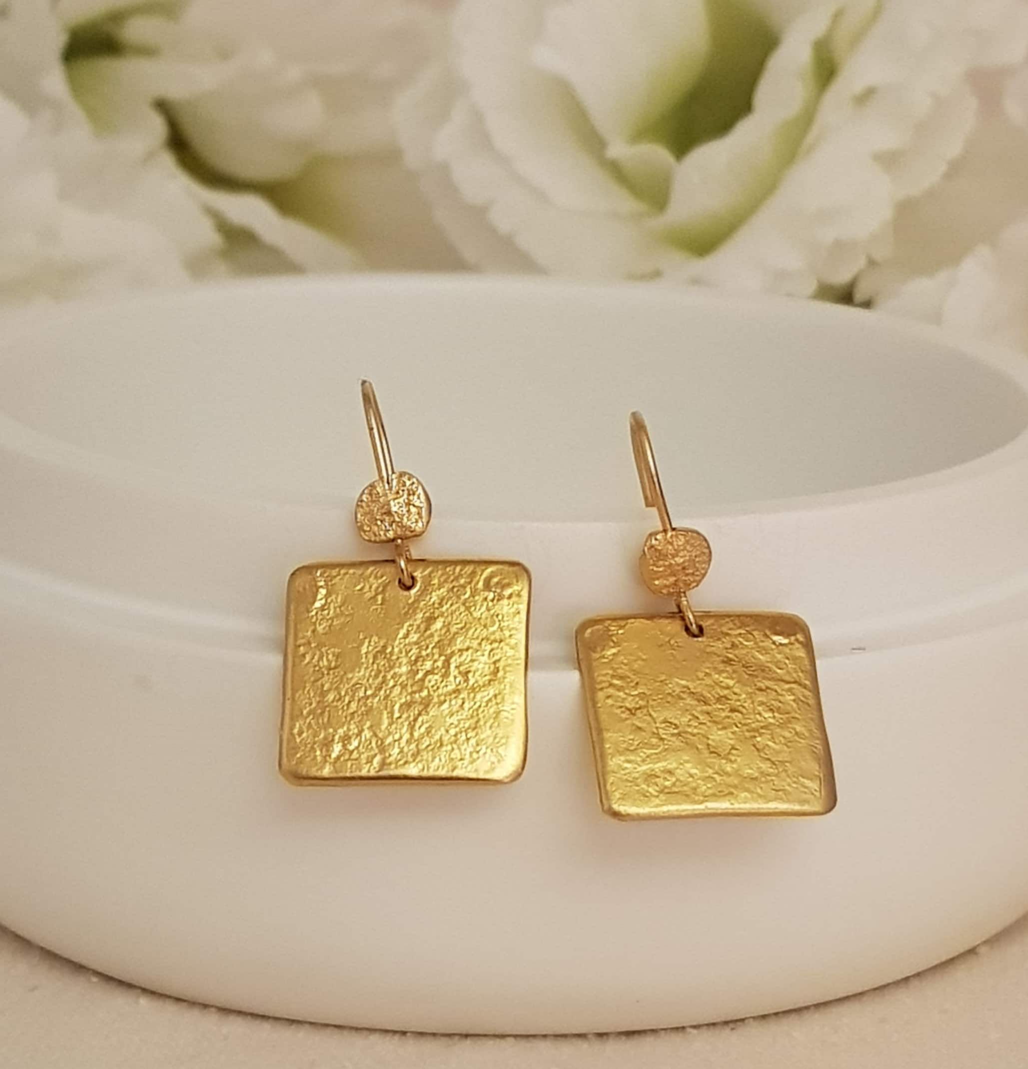 Textured Gold Plated Large Square Drop Earrings