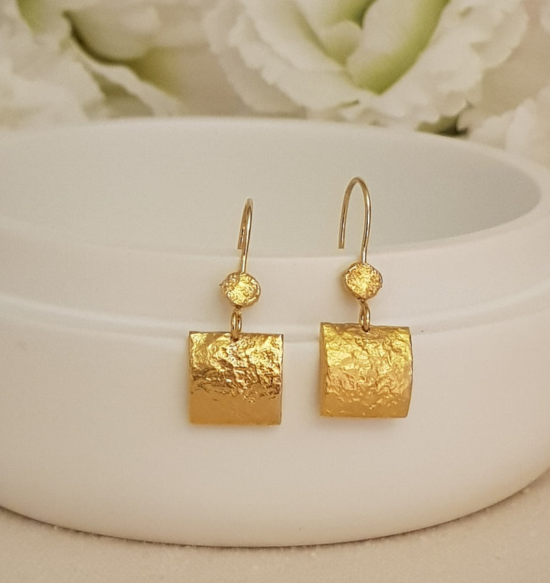 Unique gold earrings, Rectangle drop earrings,  dangle earrings for women 1.1" Long, gift  for mother-ZadokGold