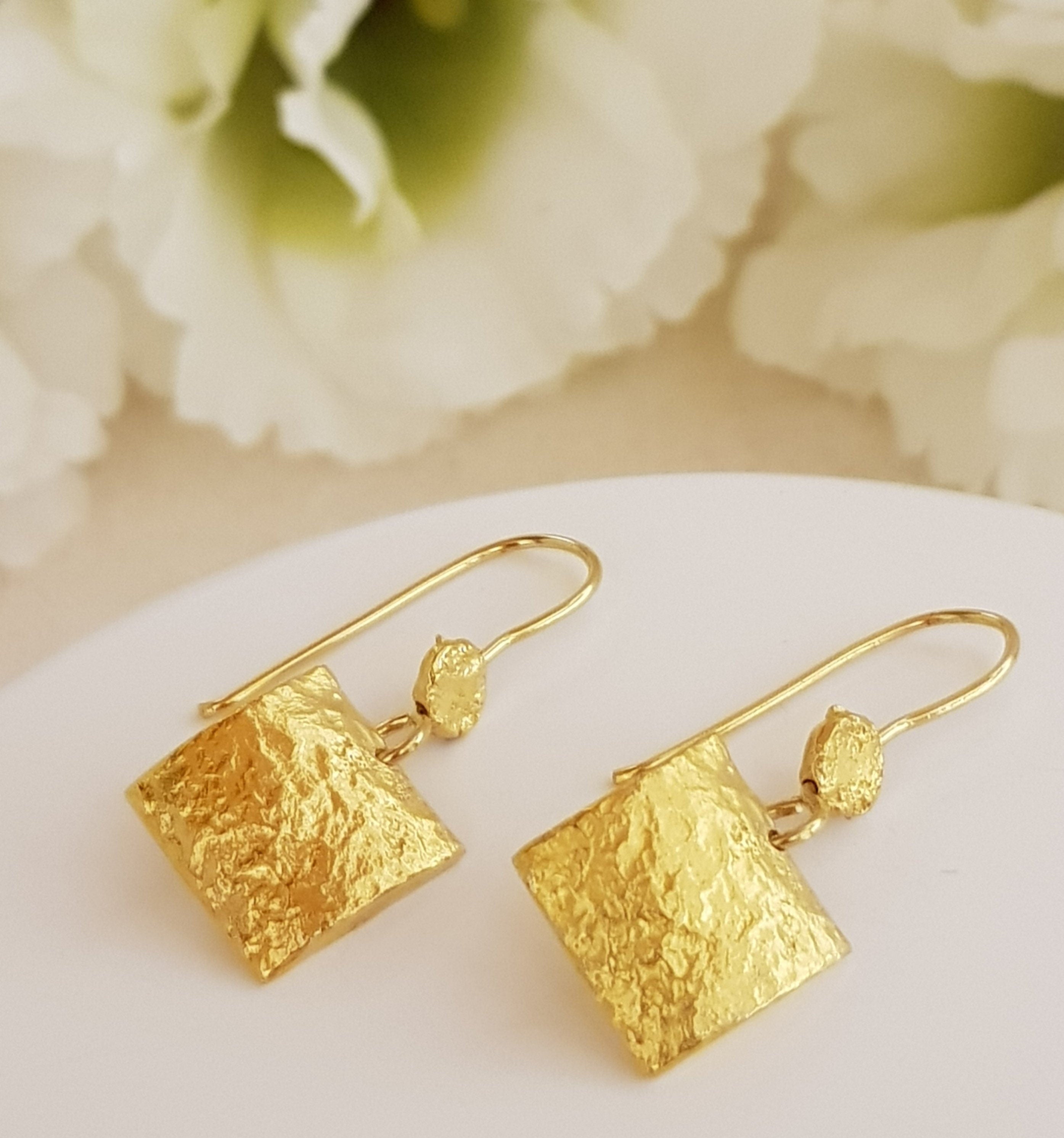 Rough Textured Gold Small Square Drop Earrings Gold Plated