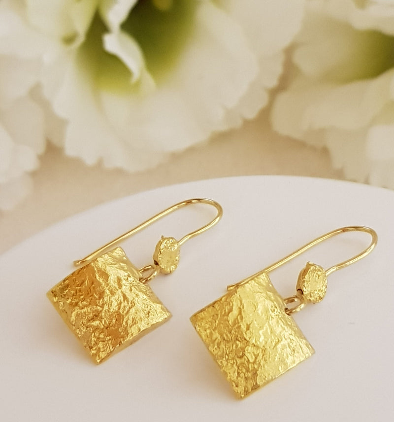 Unique gold earrings, Rectangle drop earrings,  dangle earrings for women 1.1" Long, gift  for mother-ZadokGold