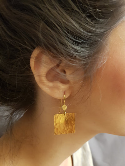 Hammered Gold Plated Large Square Dangle Earrings-ZadokGold