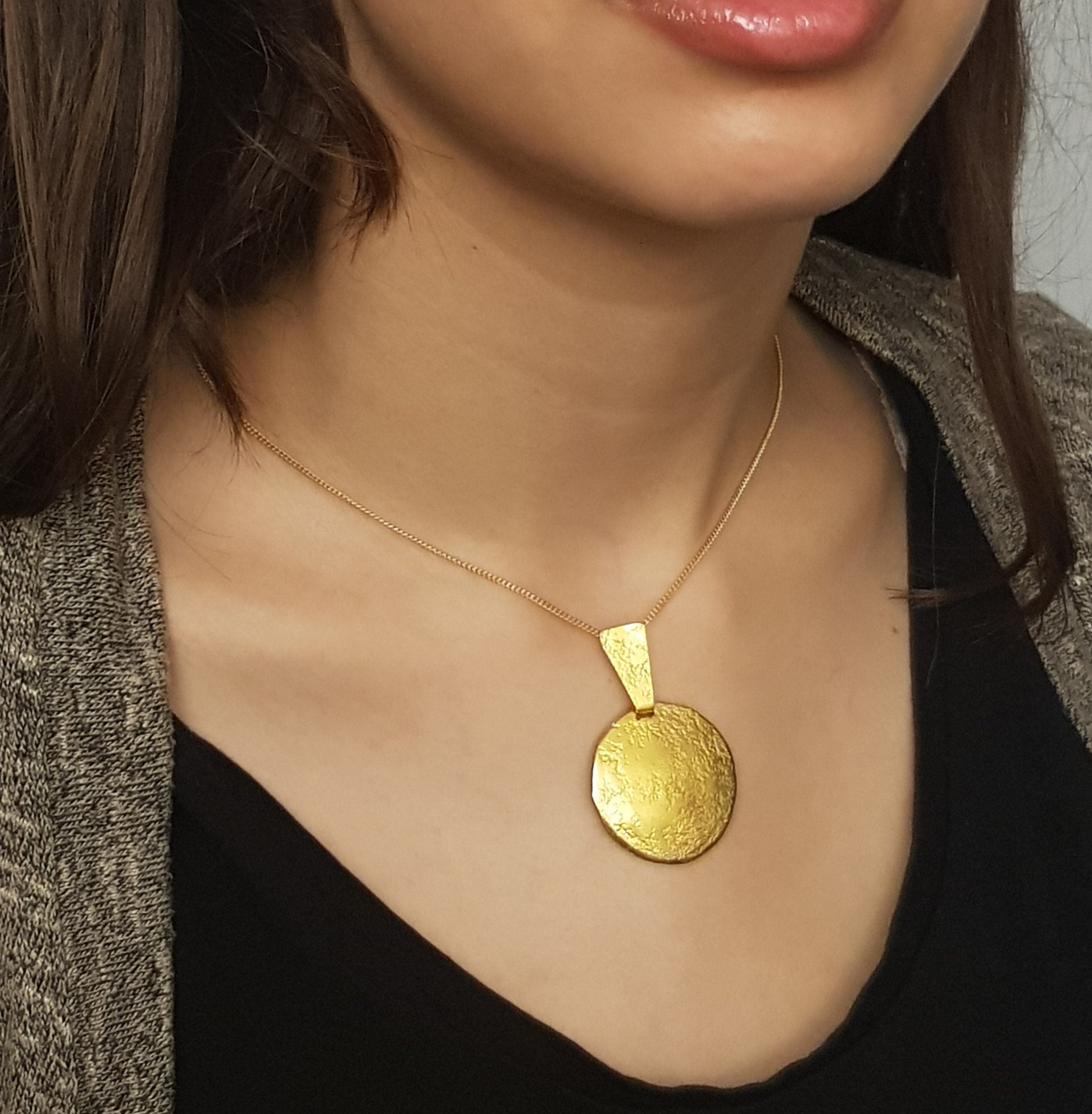 Large Round Gold Plated Pendant Textured Gold Finish