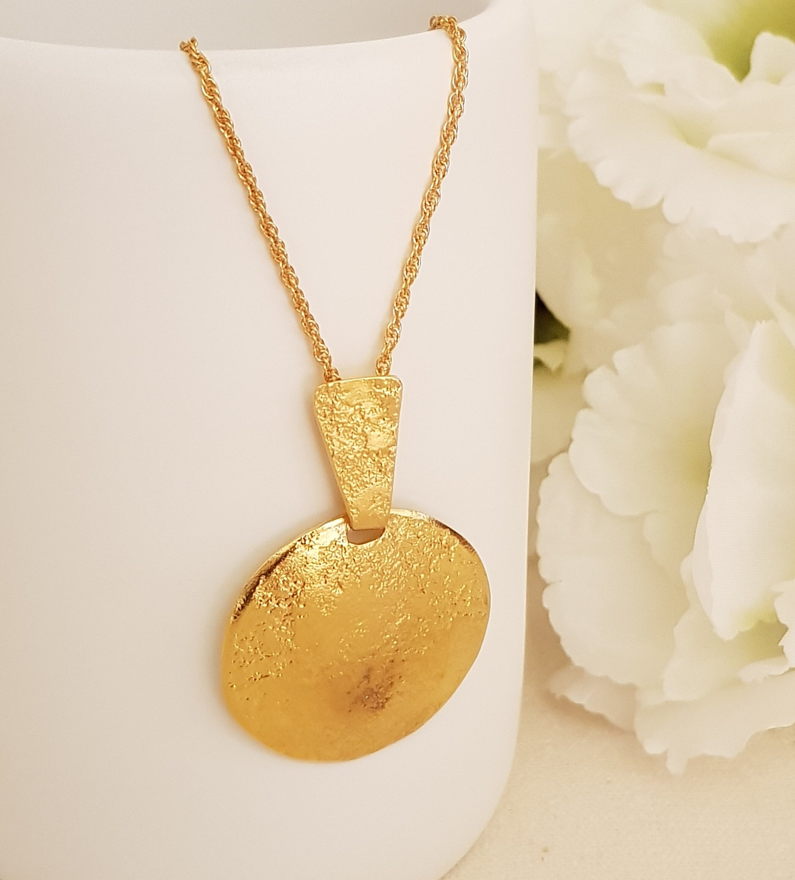 Large Round Gold Plated Pendant Textured Gold Finish