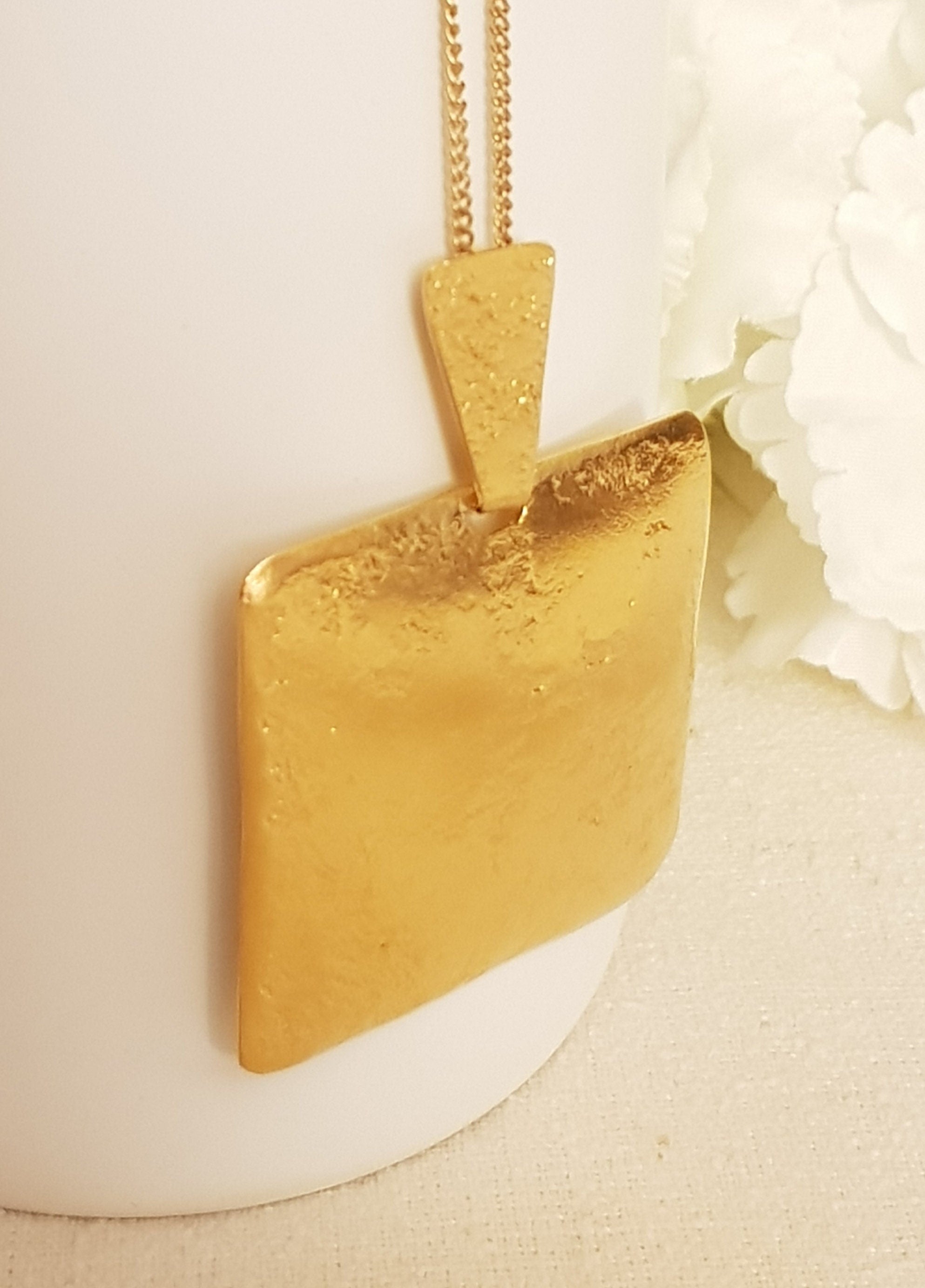 Large Square Gold Plated Pendant Textured Gold Finish