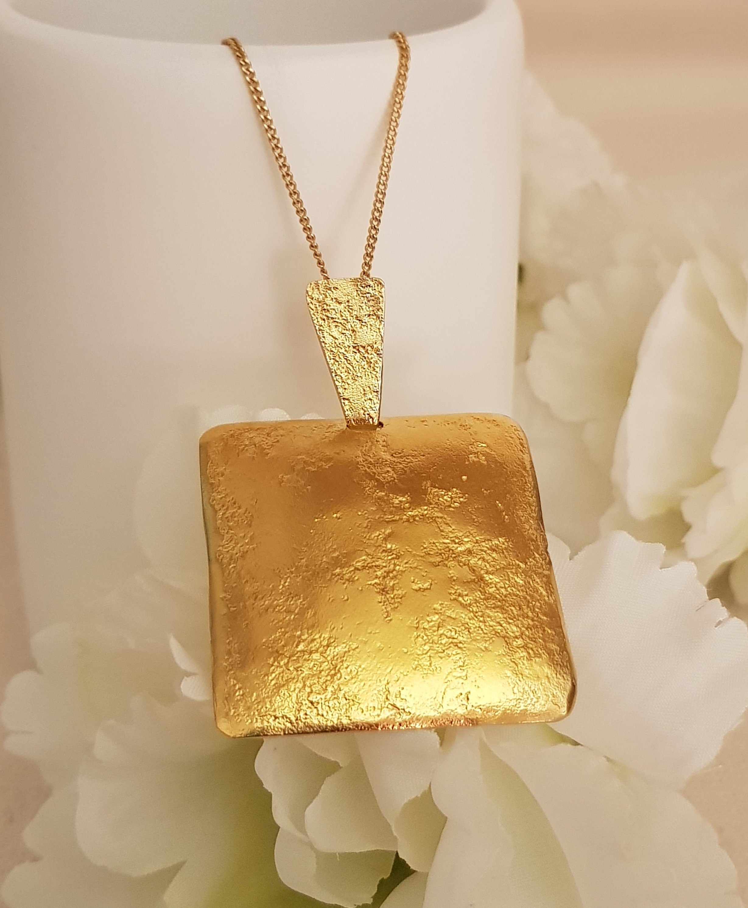 Large Square Gold Plated Pendant Textured Gold Finish