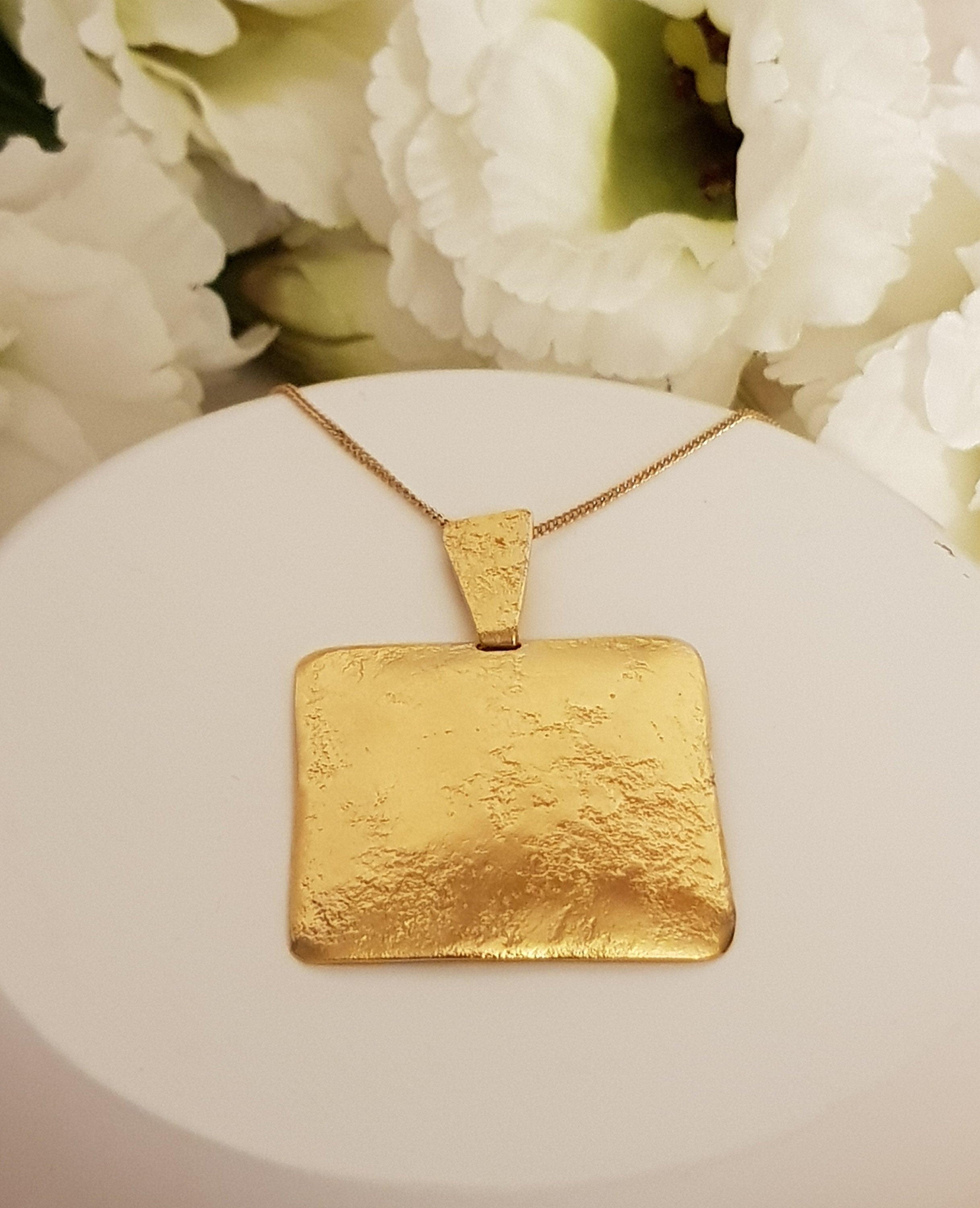 Large Square Gold Plated Pendant Textured Gold Finish