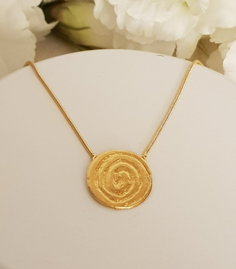 Hammered Gold Spiral Pendant Circle Gold Plated Necklace-ZadokGold