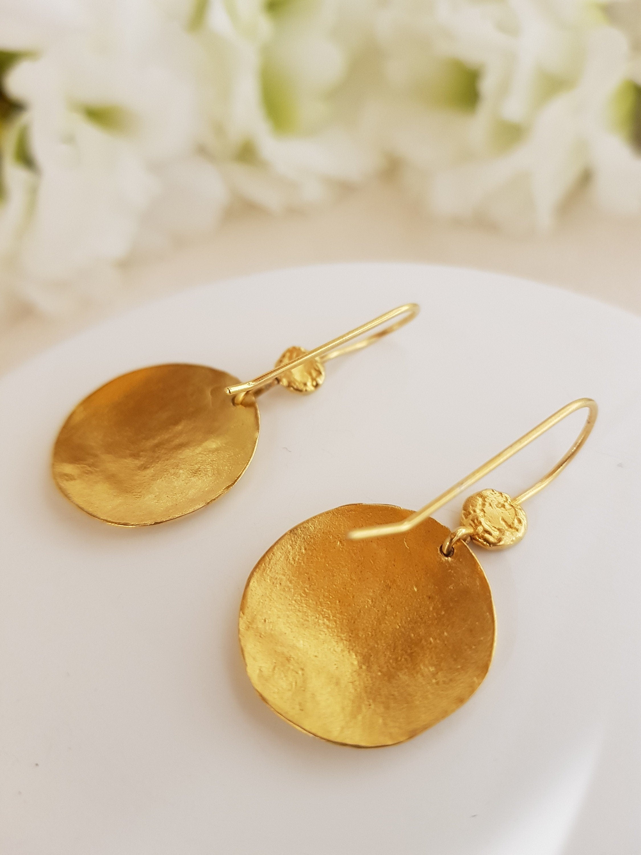 Textured Hammered Gold Round Disc Earrings Gold Plated