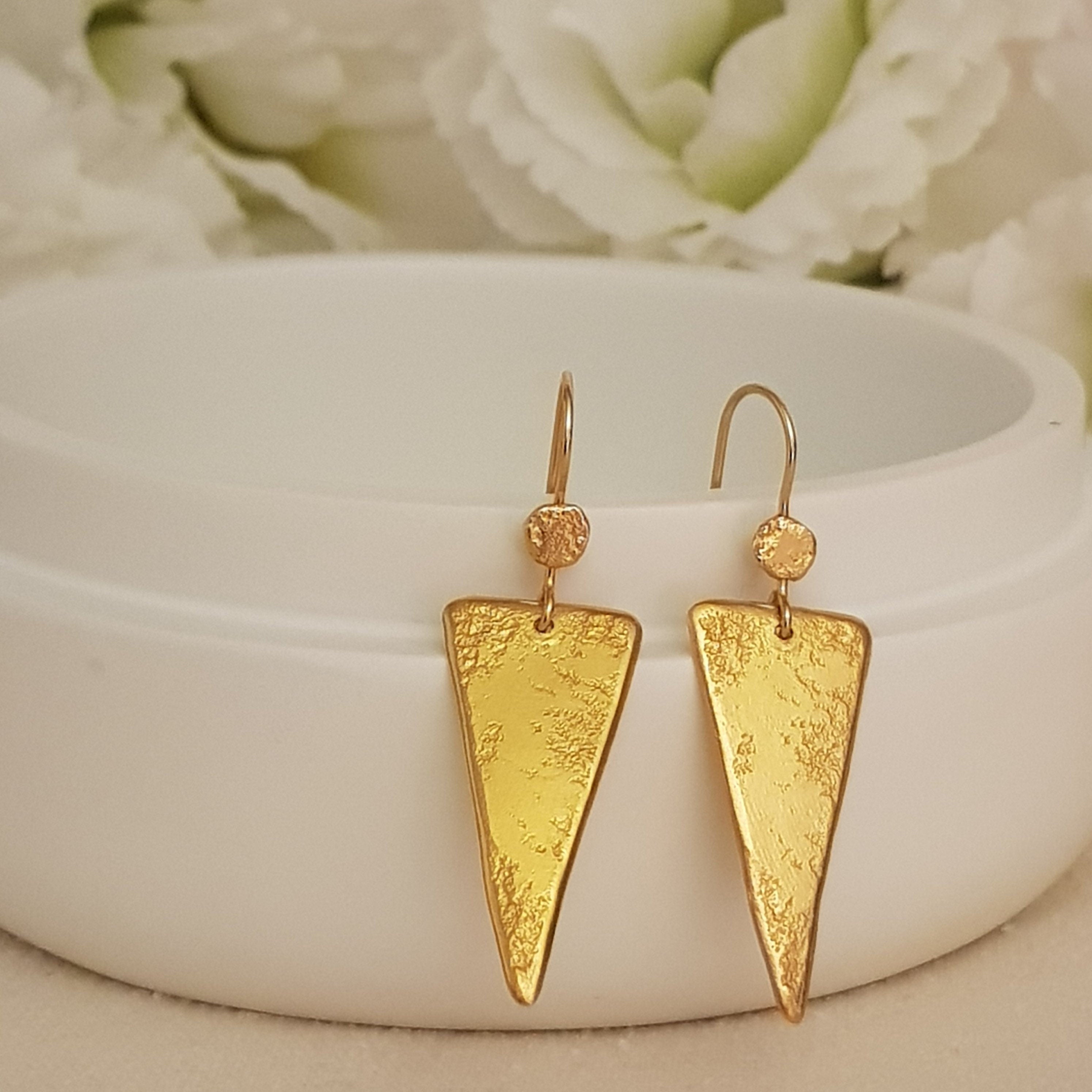 Long Hammered Gold Triangle Drop Earrings Gold Plated