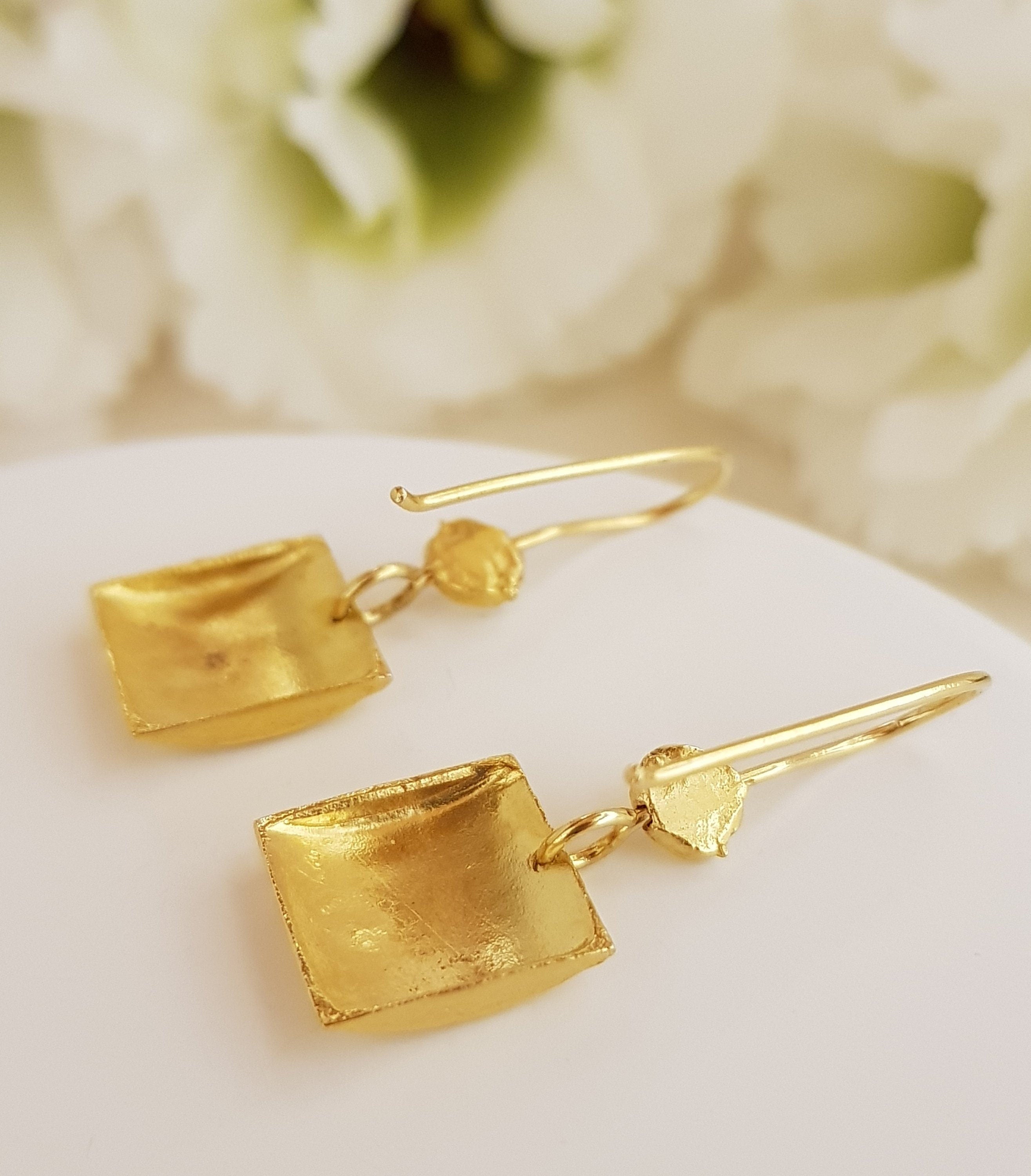 Rough Textured Gold Small Square Drop Earrings Gold Plated