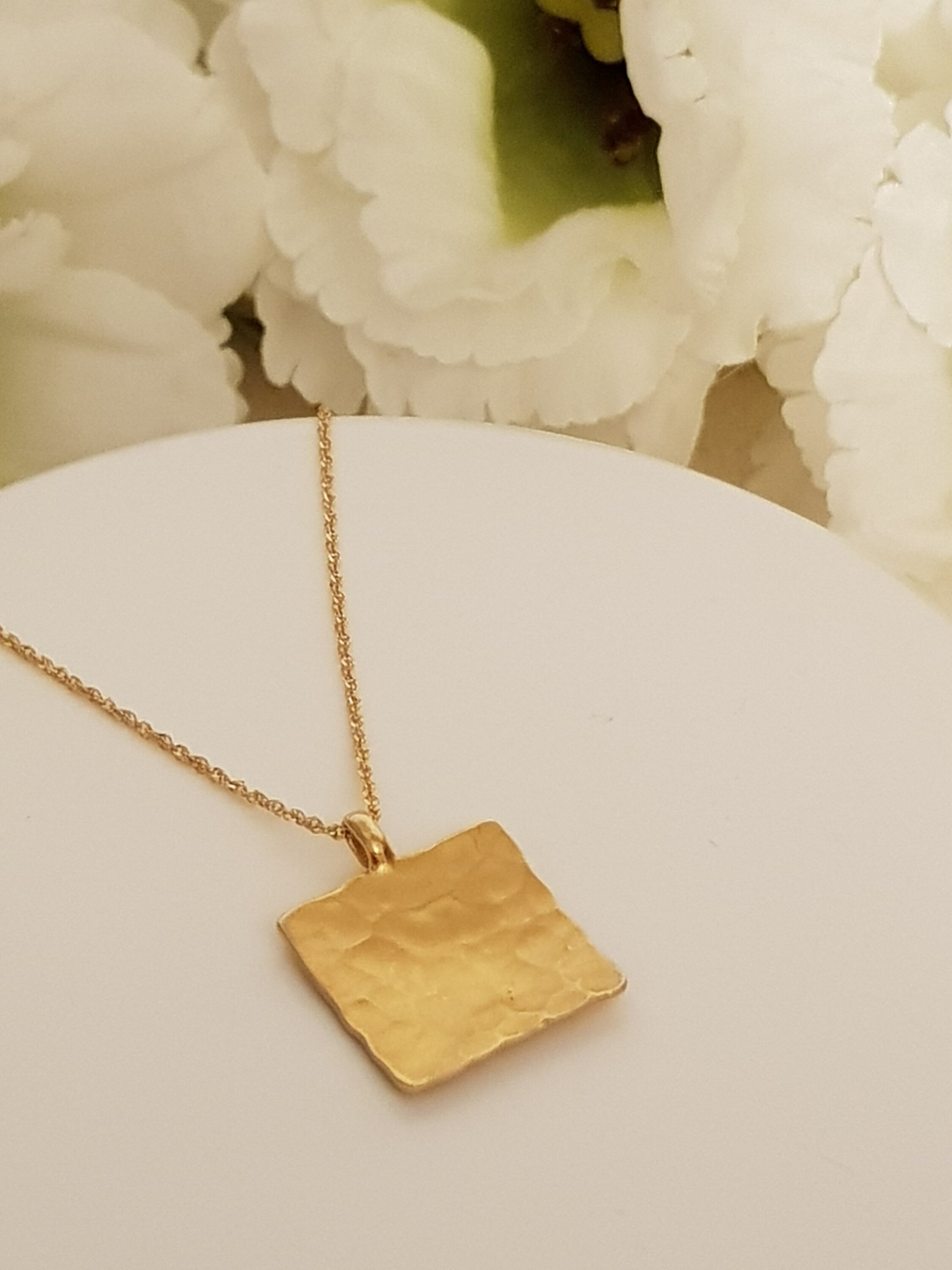 Hammered Gold Square Pendant Gold Plated Necklace