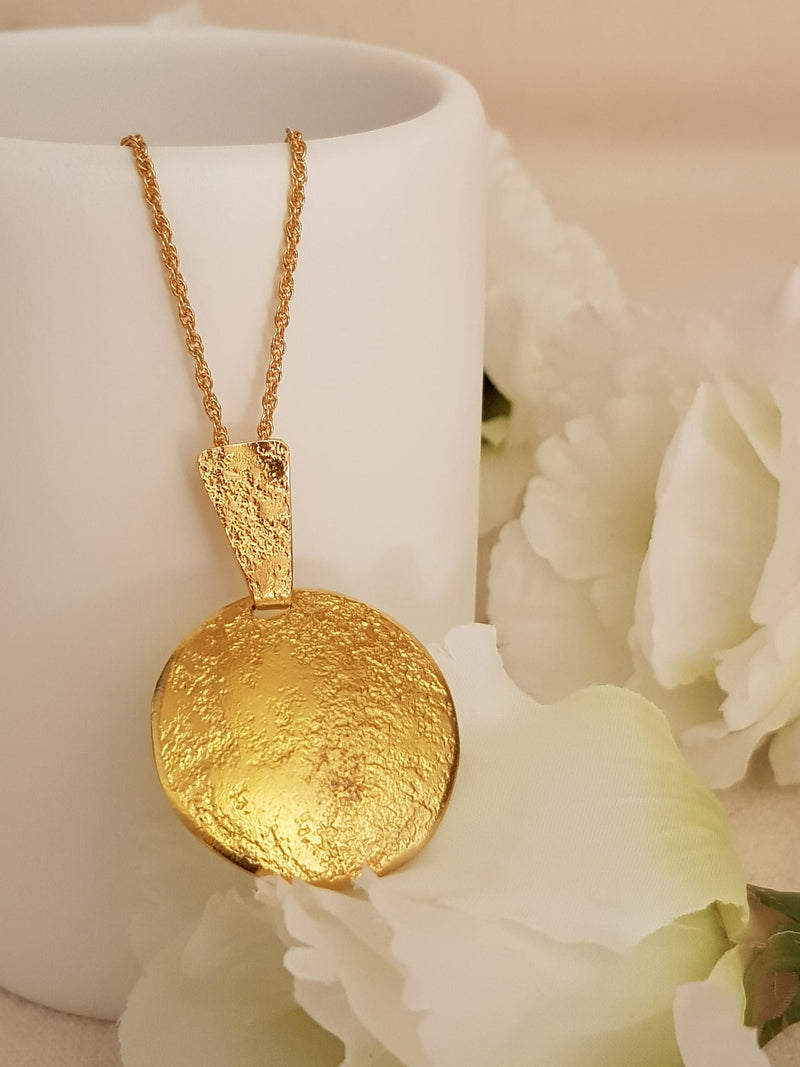 Large Round Gold Plated Pendant Textured Gold Finish-ZadokGold