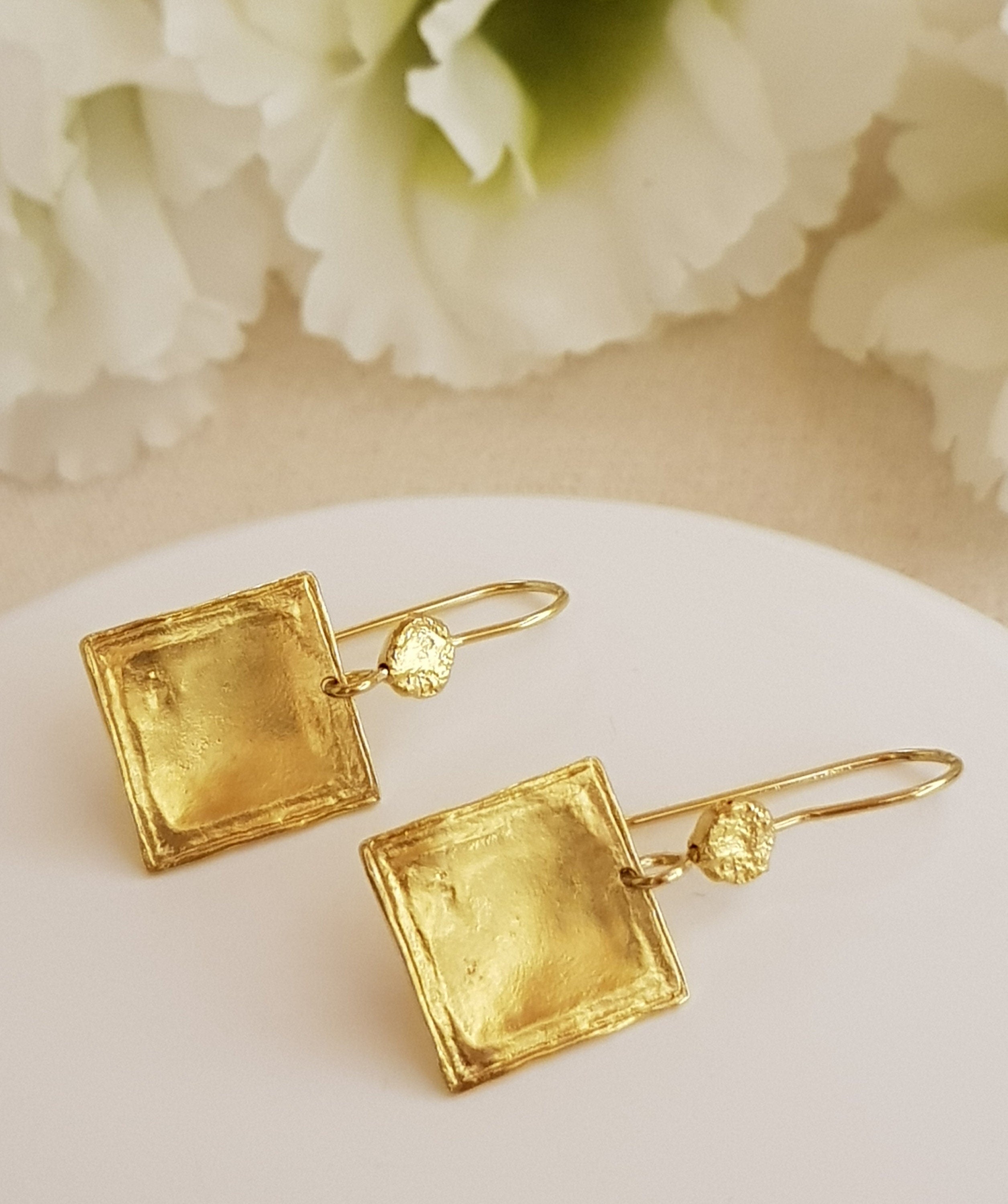 Small Square Drop Earrings Smooth Gold Plated