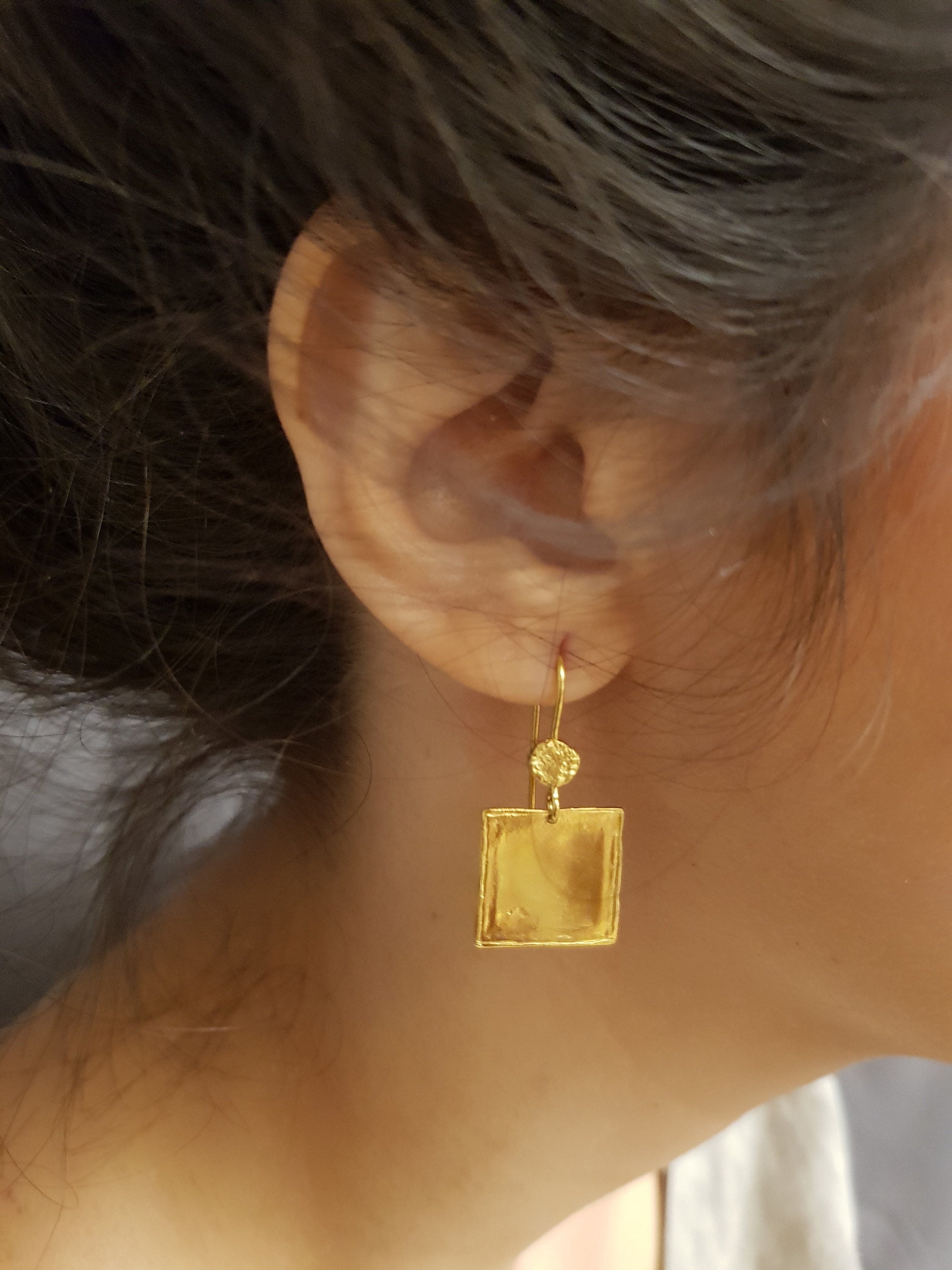 Small Square Drop Earrings Smooth Gold Plated