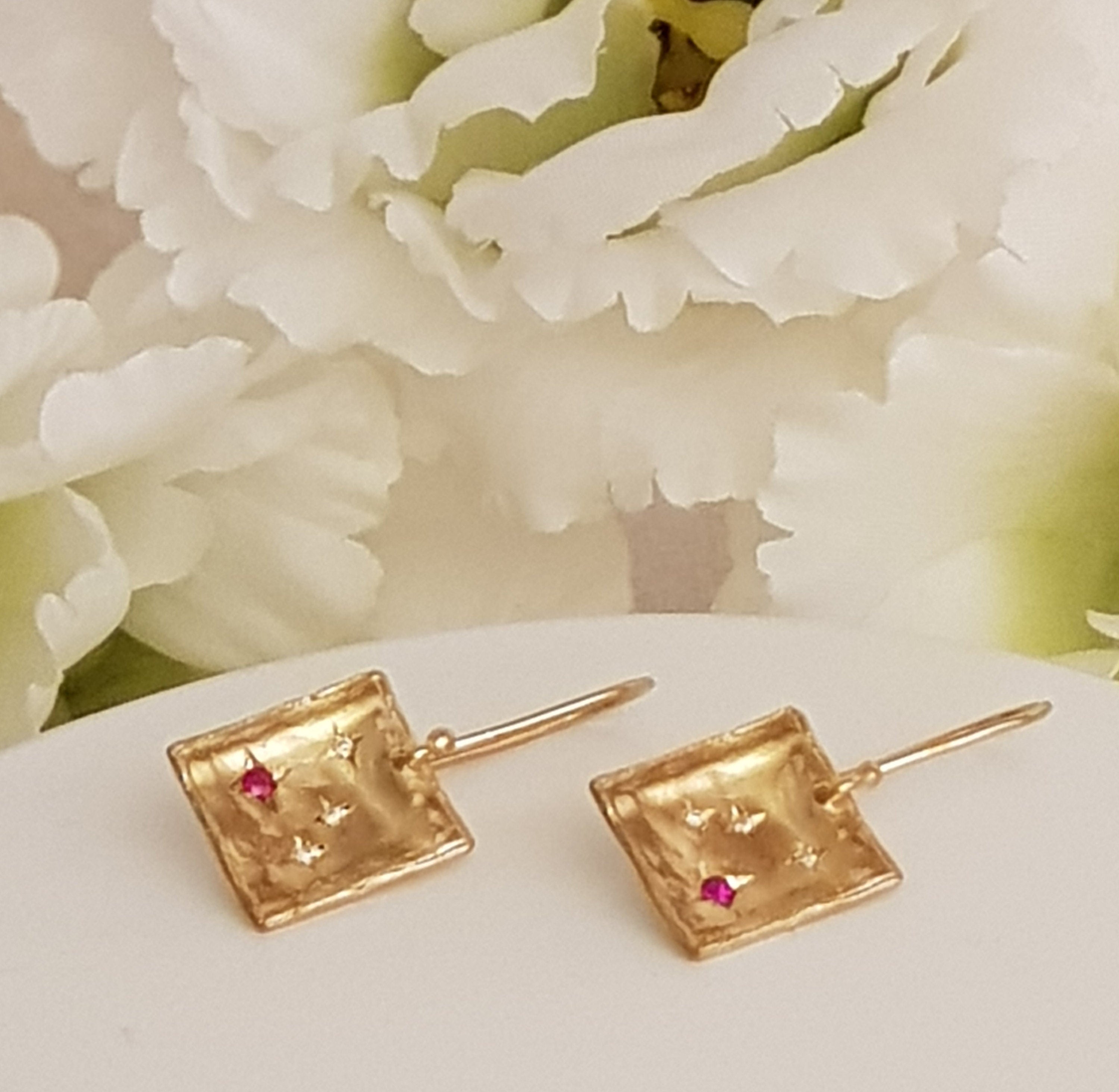 Square 18k Gold Dangle Earrings with Diamonds and Burma Ruby