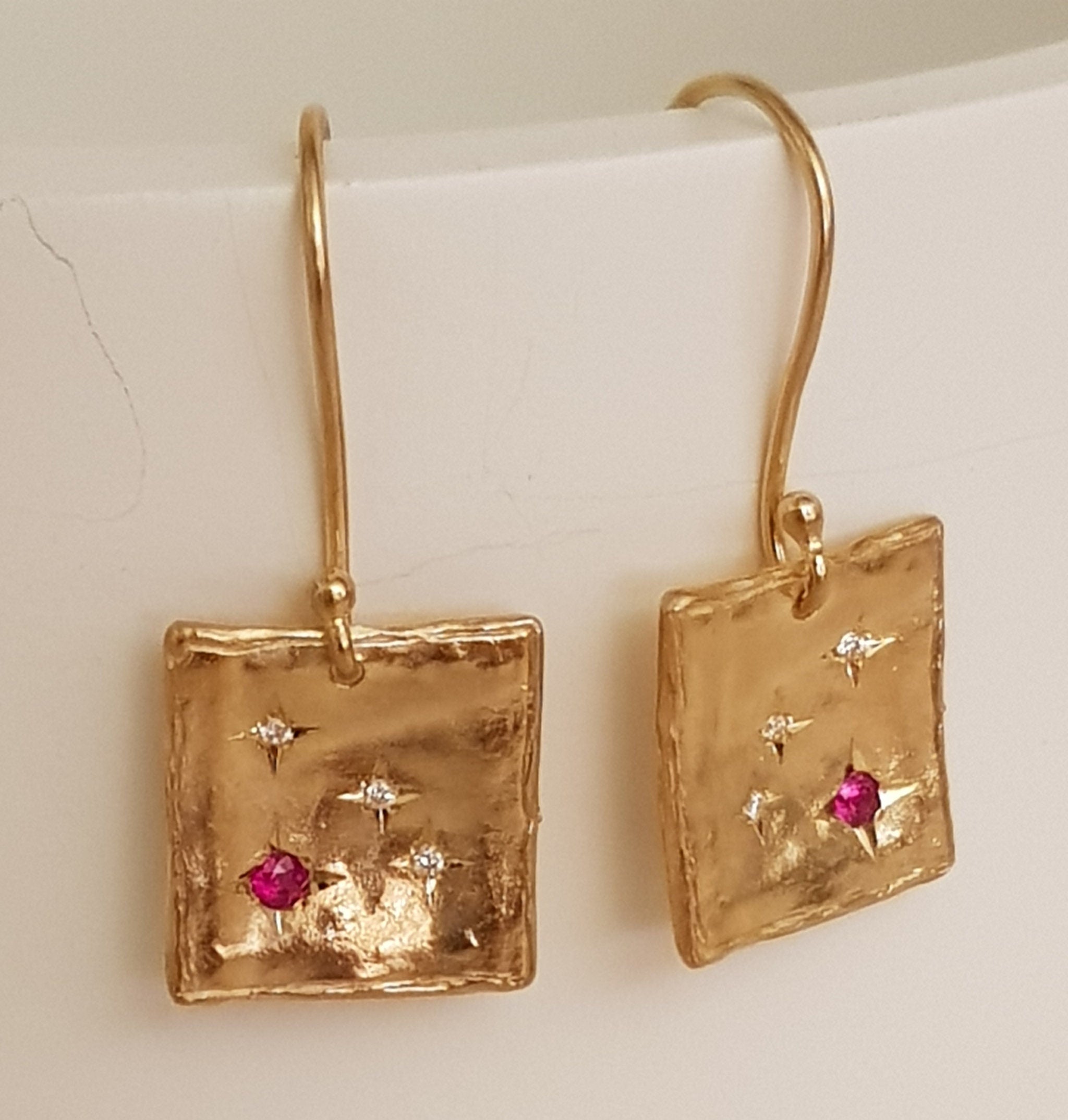 Square 18k Gold Dangle Earrings with Diamonds and Burma Ruby