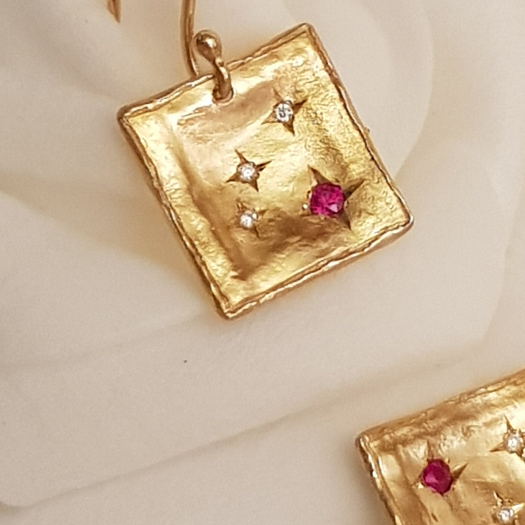 Square 18k Gold Dangle Earrings with Diamonds and Burma Ruby