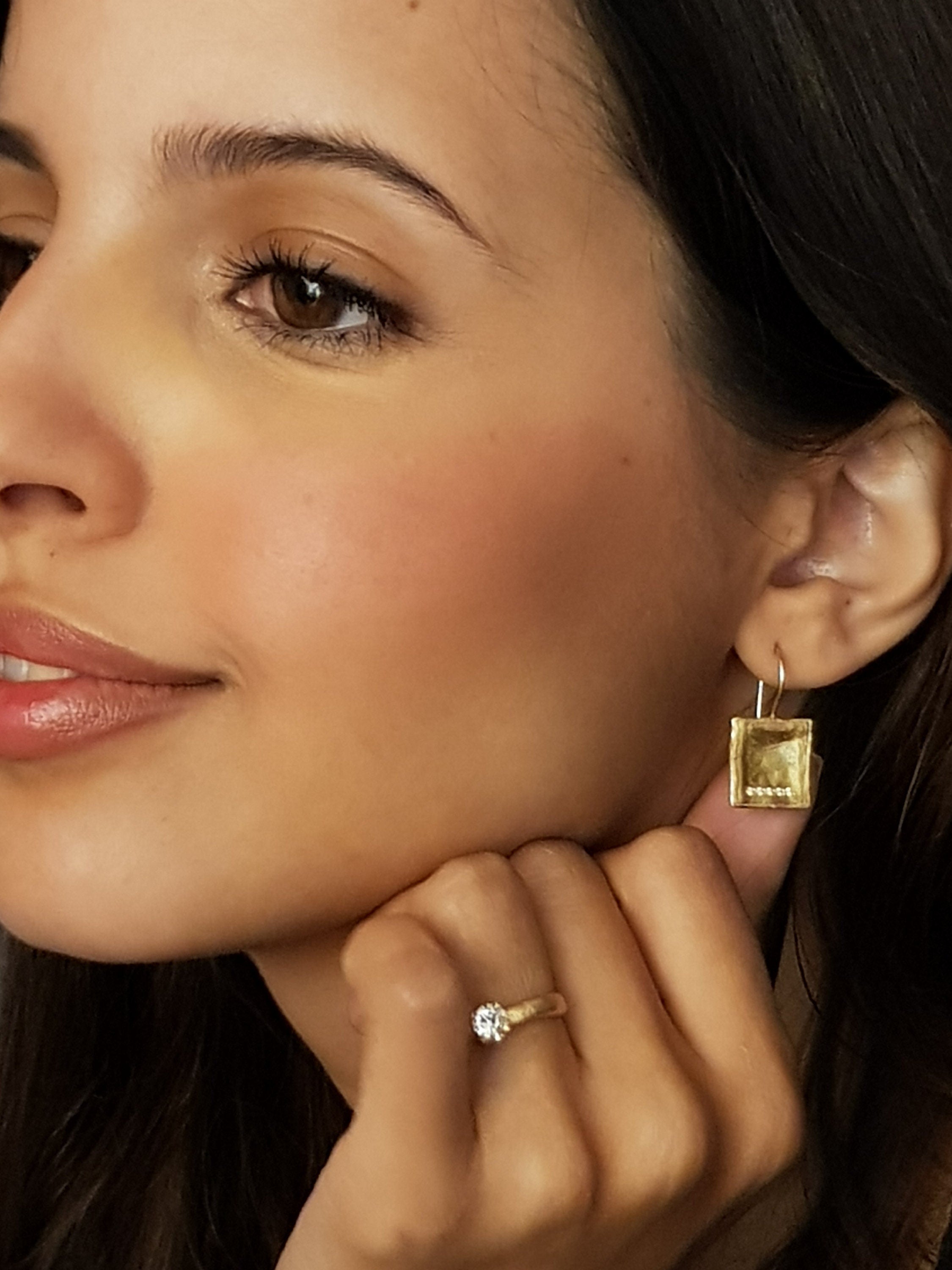 18K Matte Gold Square Drop Earrings with 5 Small Diamonds