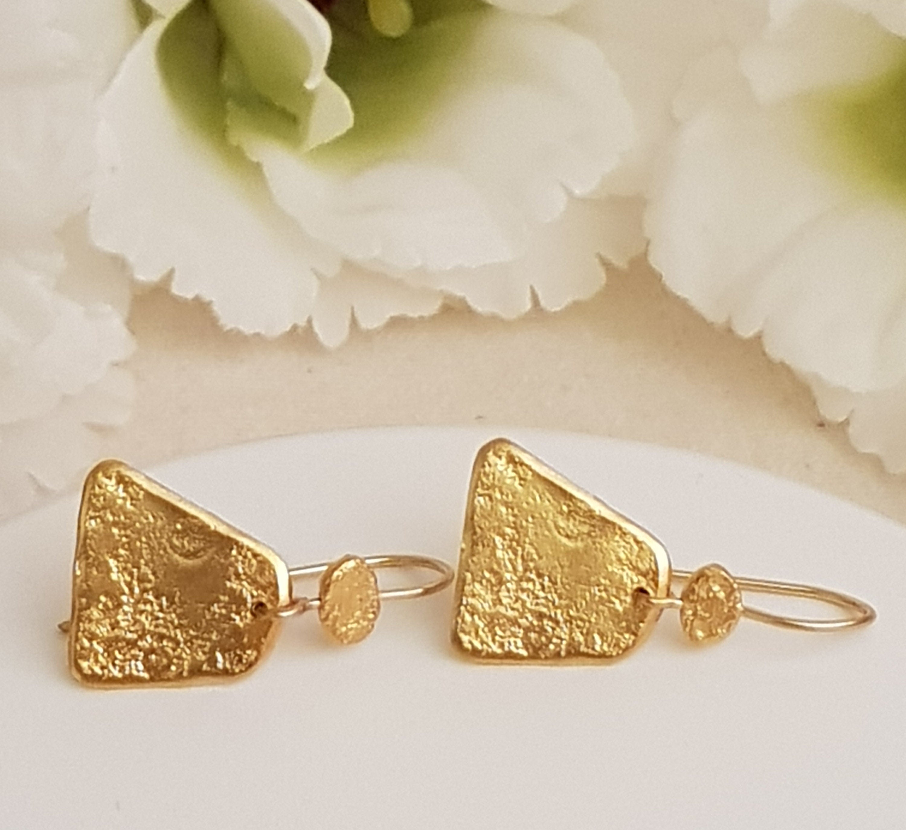 Small Geometric Triangle Gold Drop Earrings Hammered Gold Plated