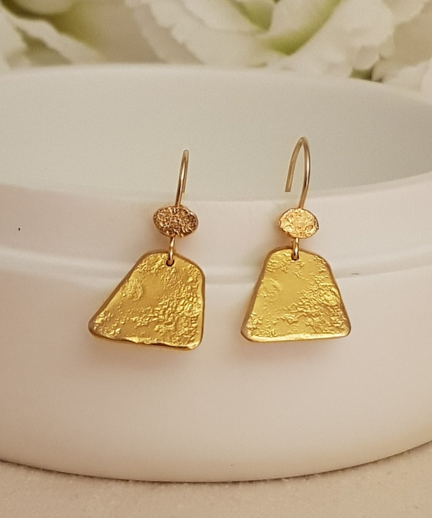 Small Geometric Triangle Gold Drop Earrings Hammered Gold Plated