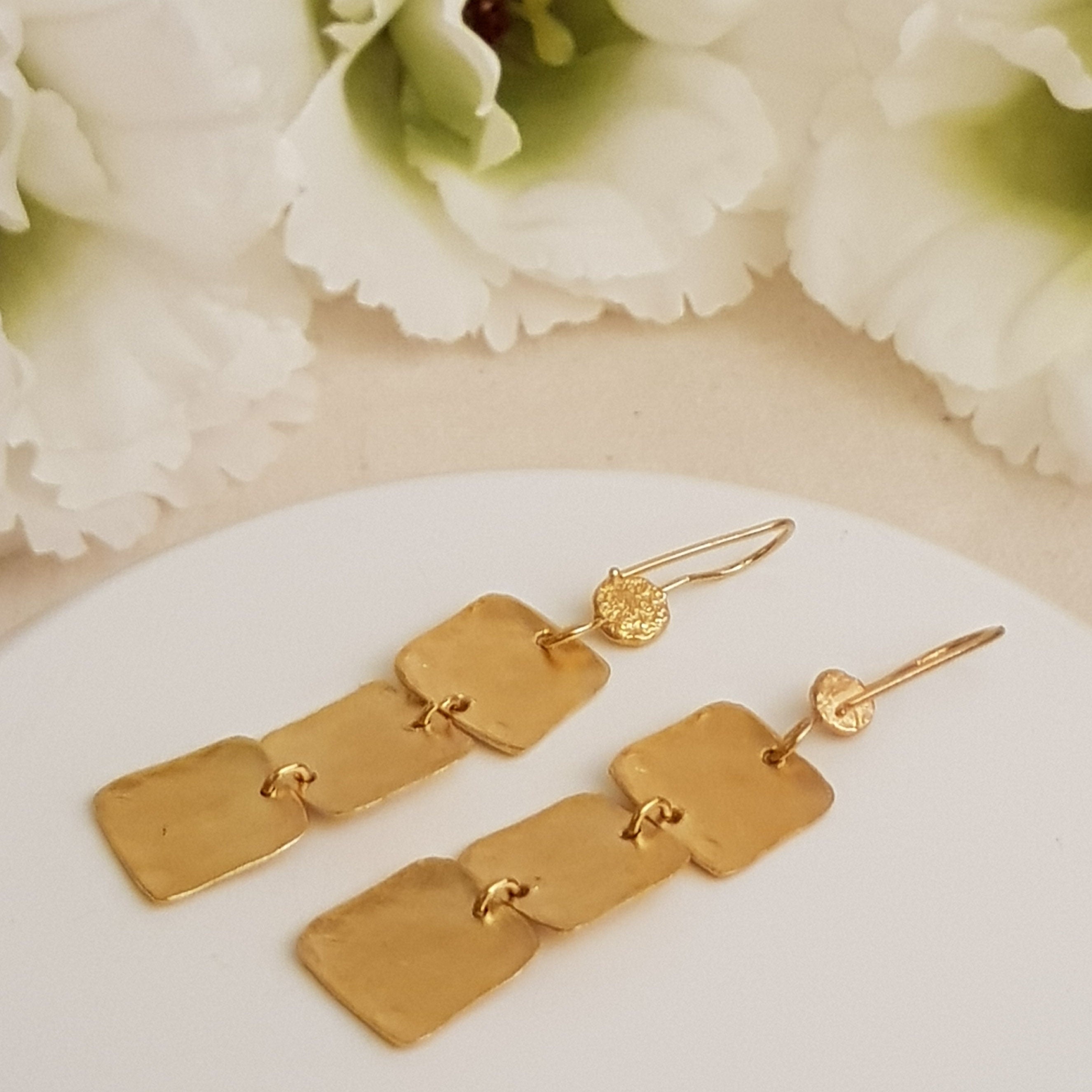 18K Textured Gold Long Rectangle Dangle Earrings