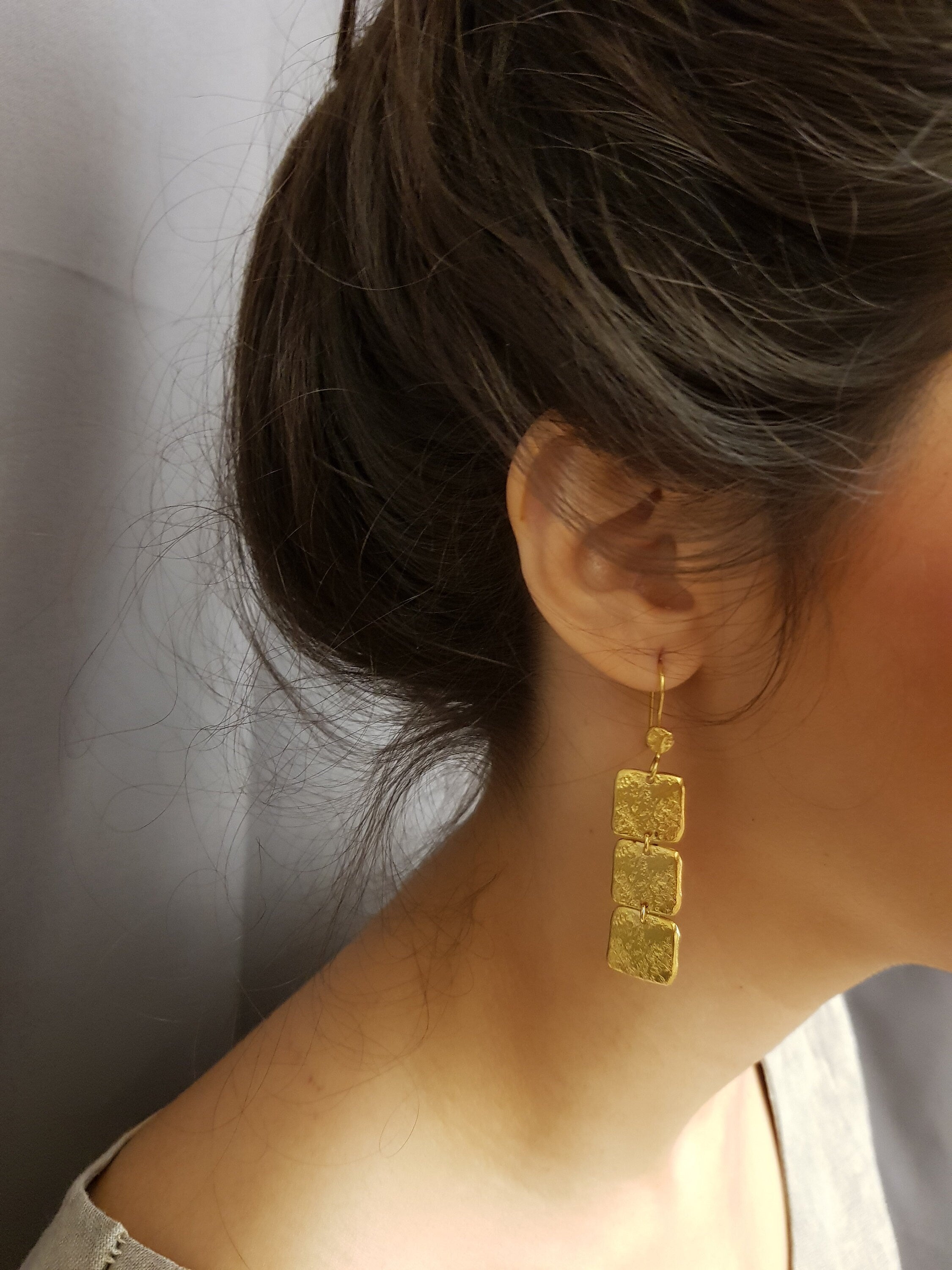 Long Rectangle Hammered Gold Plated Drop Earrings