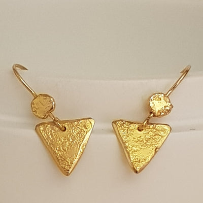 Gold earrings for women, Triangle Gold dangle earrings, hammered drop earrings,-ZadokGold