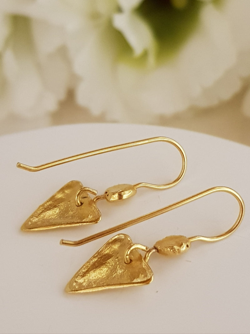 Gold earrings for women, Triangle Gold dangle earrings, hammered drop earrings,-ZadokGold