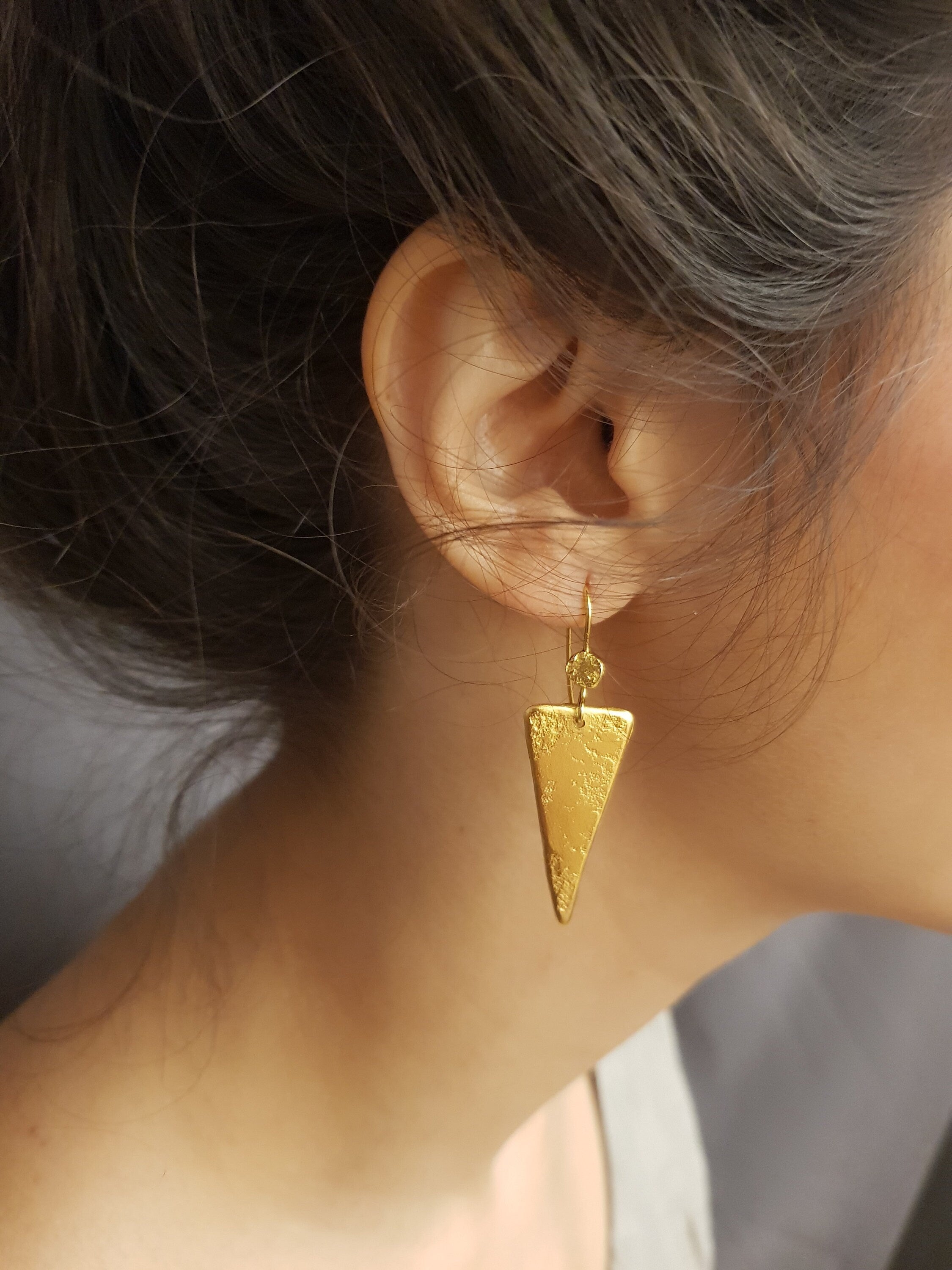 Long Hammered Gold Triangle Drop Earrings Gold Plated