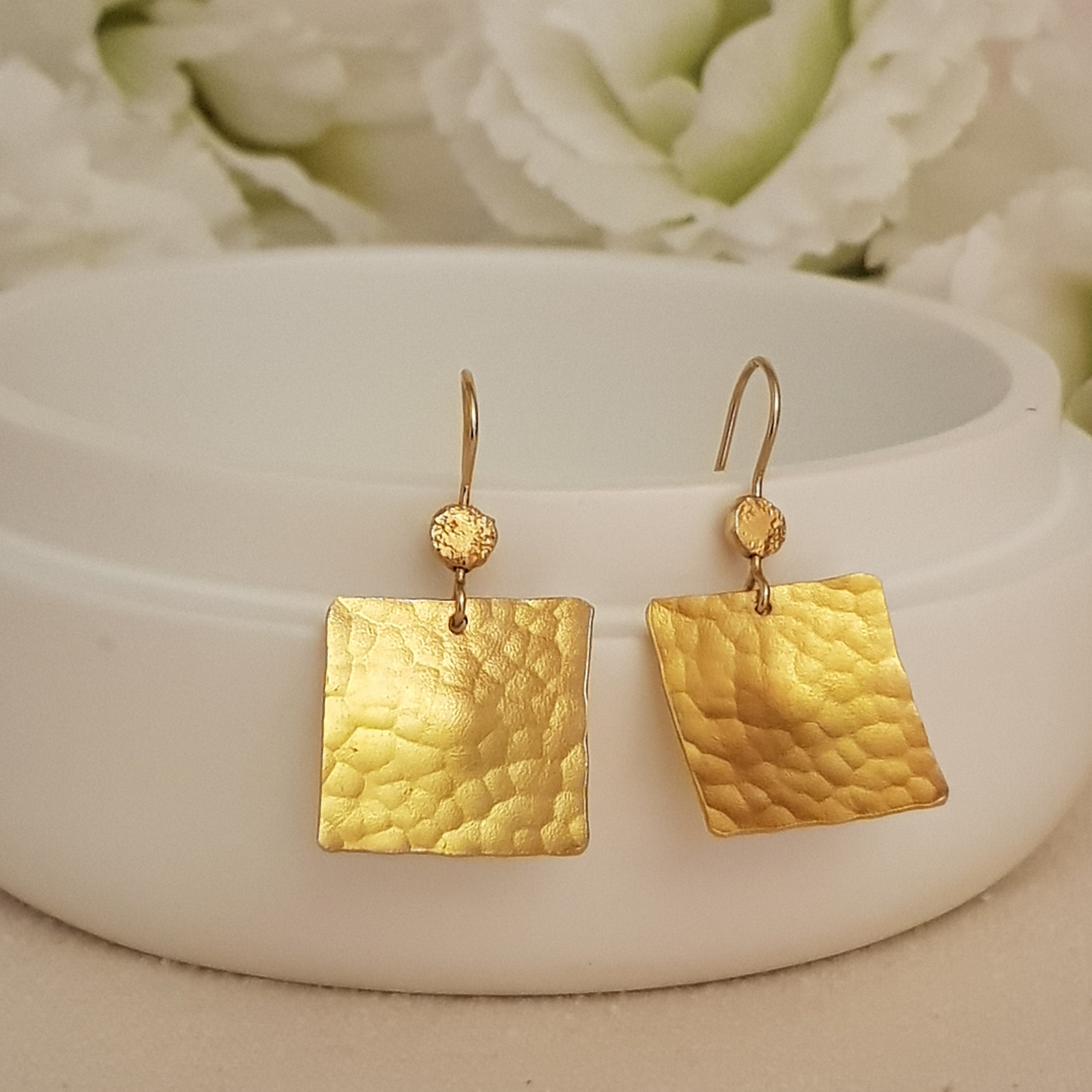 Hammered Gold Plated Large Square Dangle Earrings