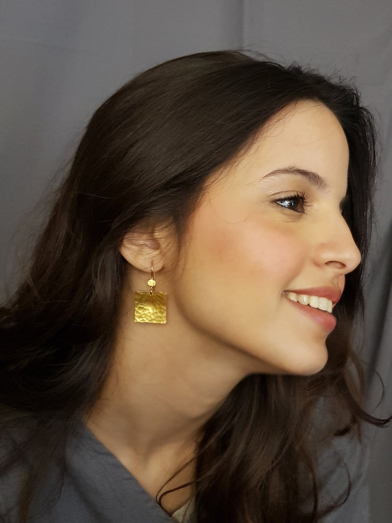 Hammered Gold Plated Large Square Dangle Earrings-ZadokGold