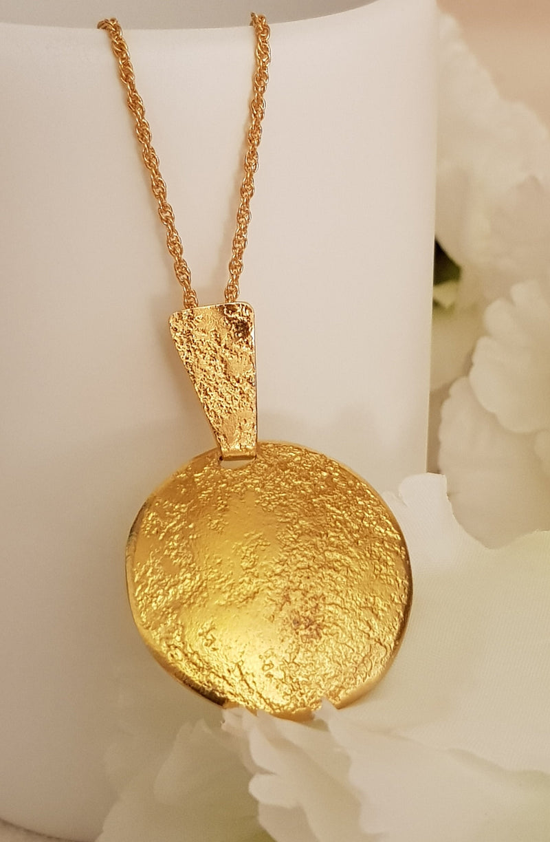 Large Round Gold Plated Pendant Textured Gold Finish-ZadokGold