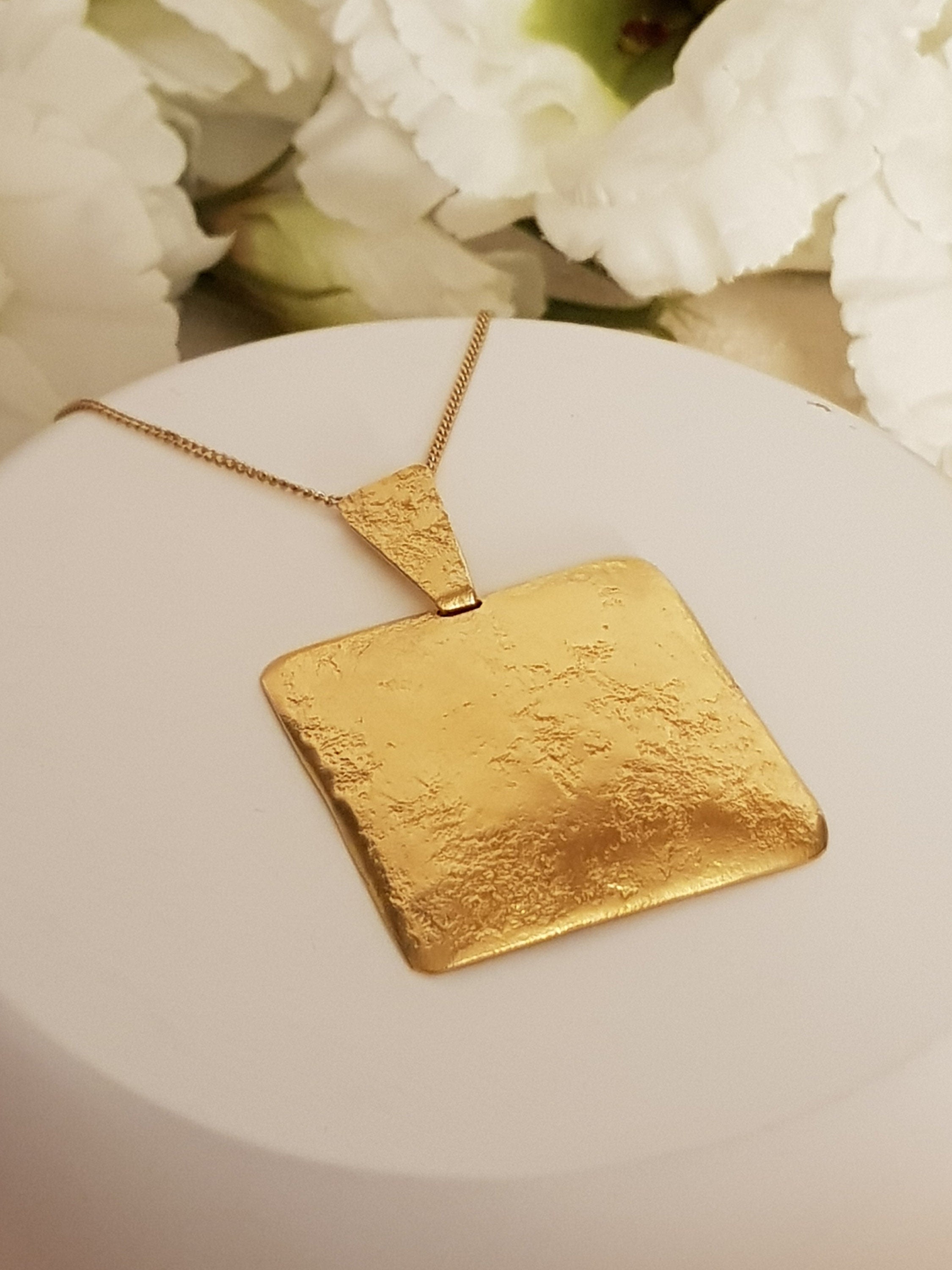 Large Square Gold Plated Pendant Textured Gold Finish