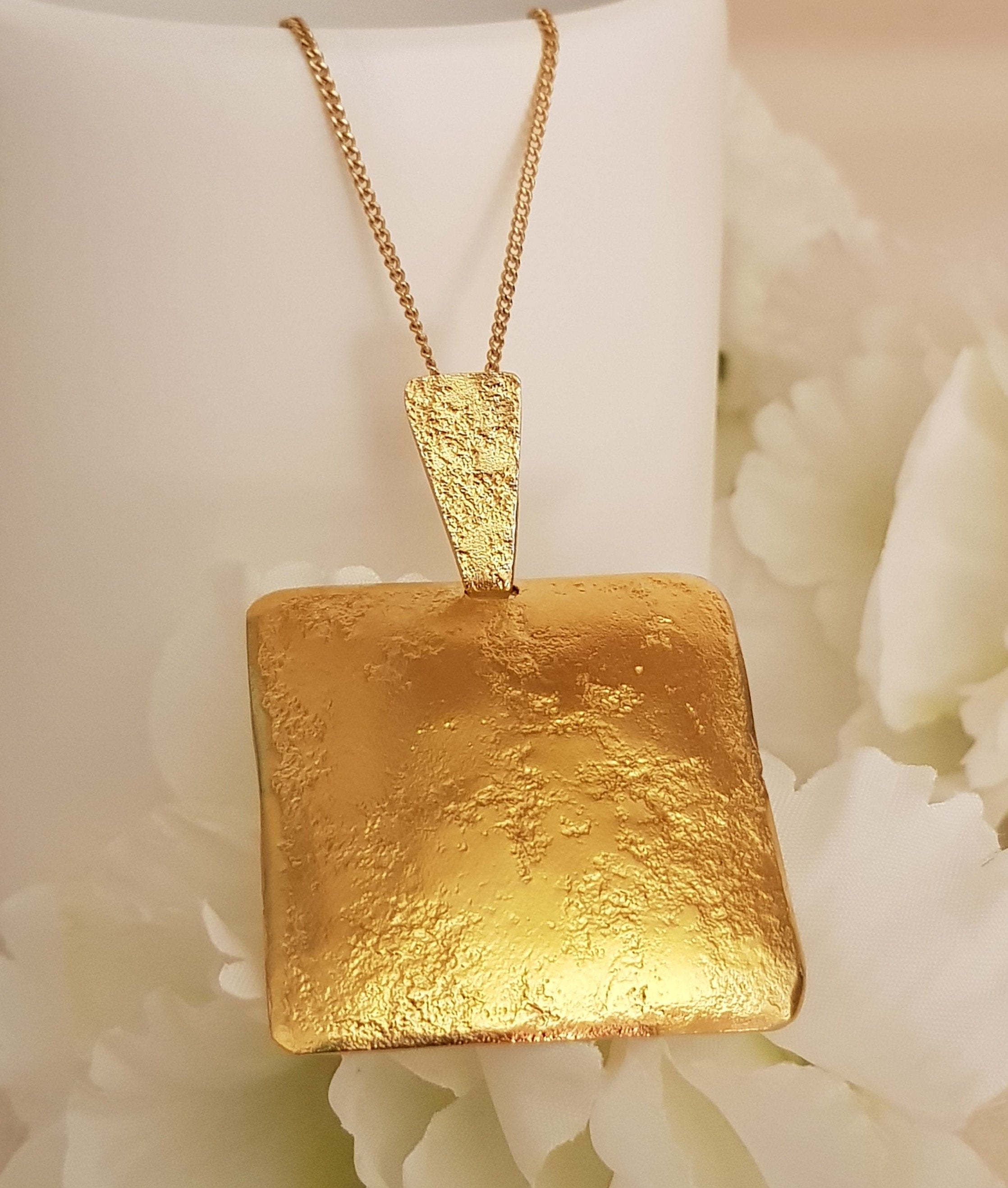 Large Square Gold Plated Pendant Textured Gold Finish