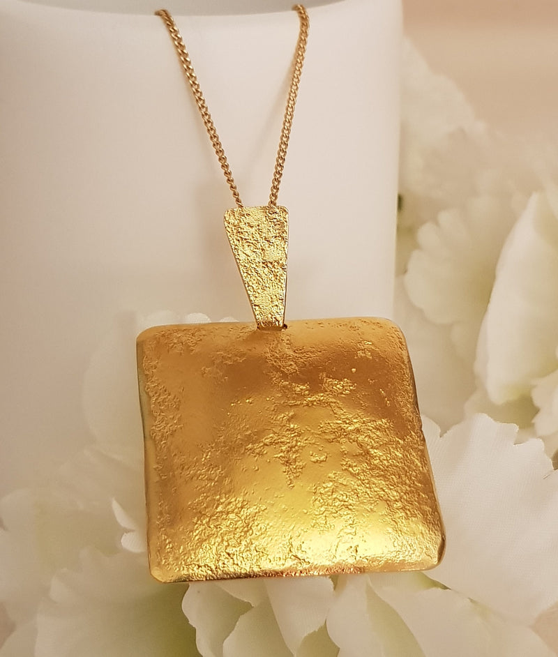 Large Square Gold Plated Pendant Textured Gold Finish-ZadokGold