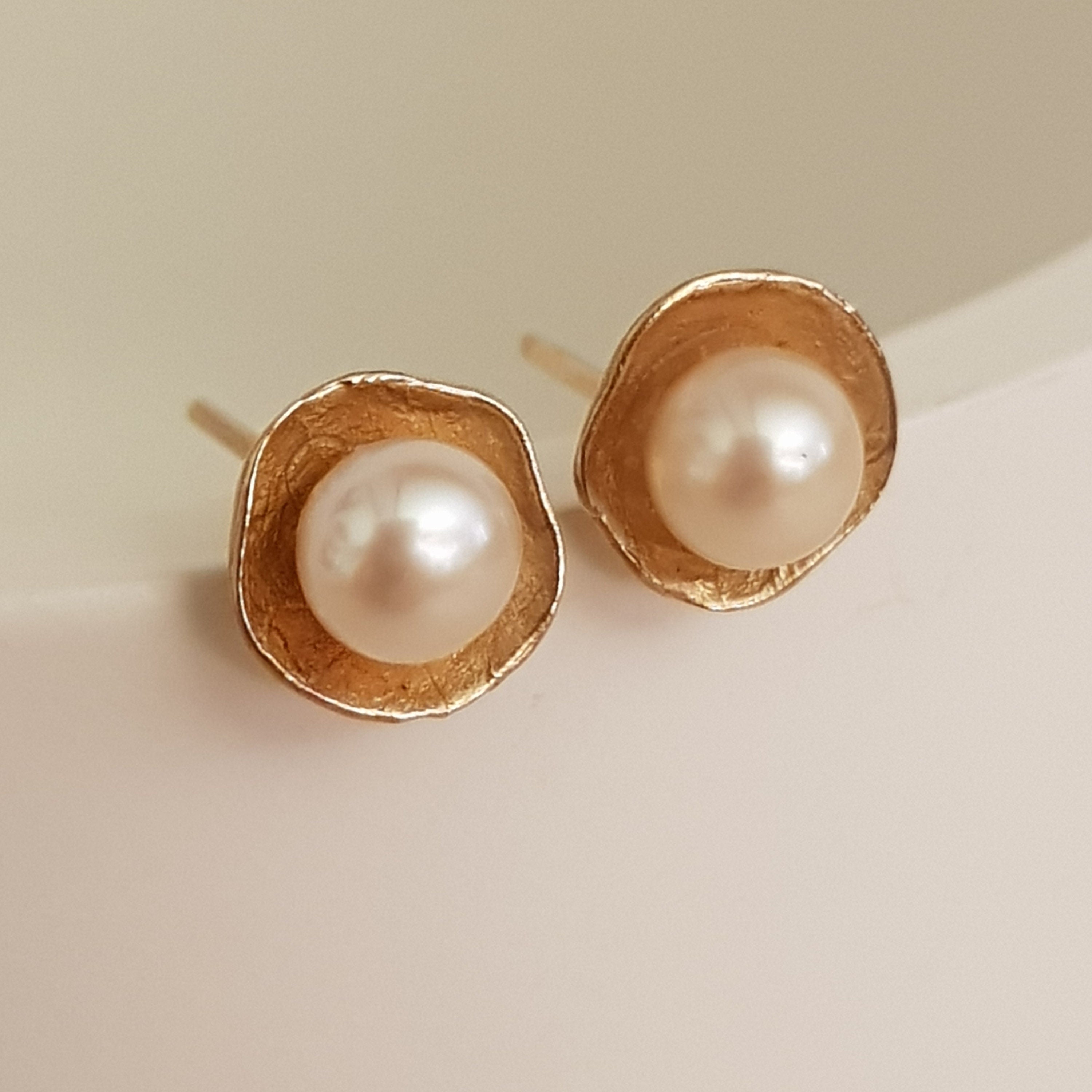 Handmade 14k Gold Pearl Stud Earrings, Real Cultured Pearls