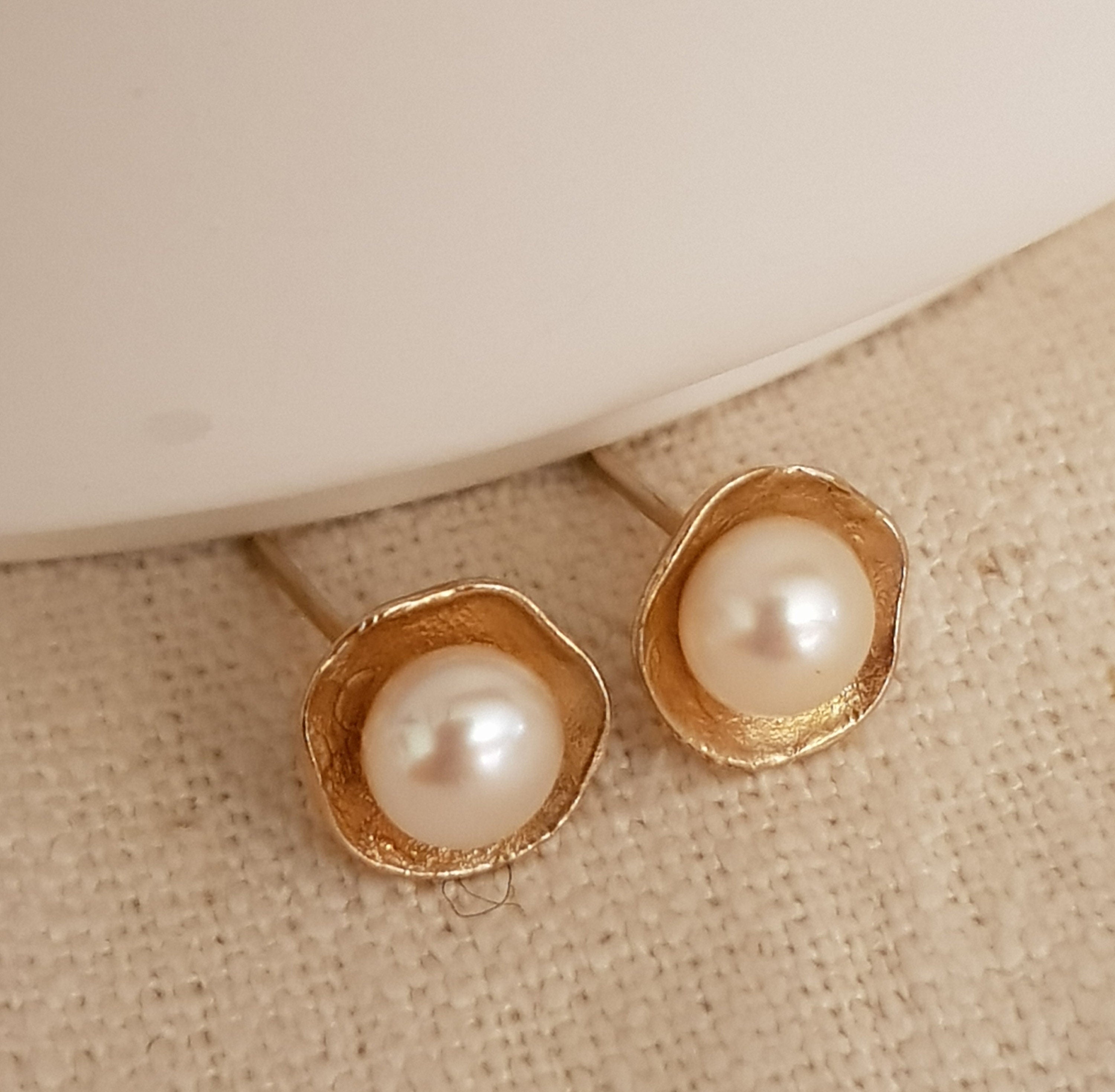 Handmade 14k Gold Pearl Stud Earrings, Real Cultured Pearls