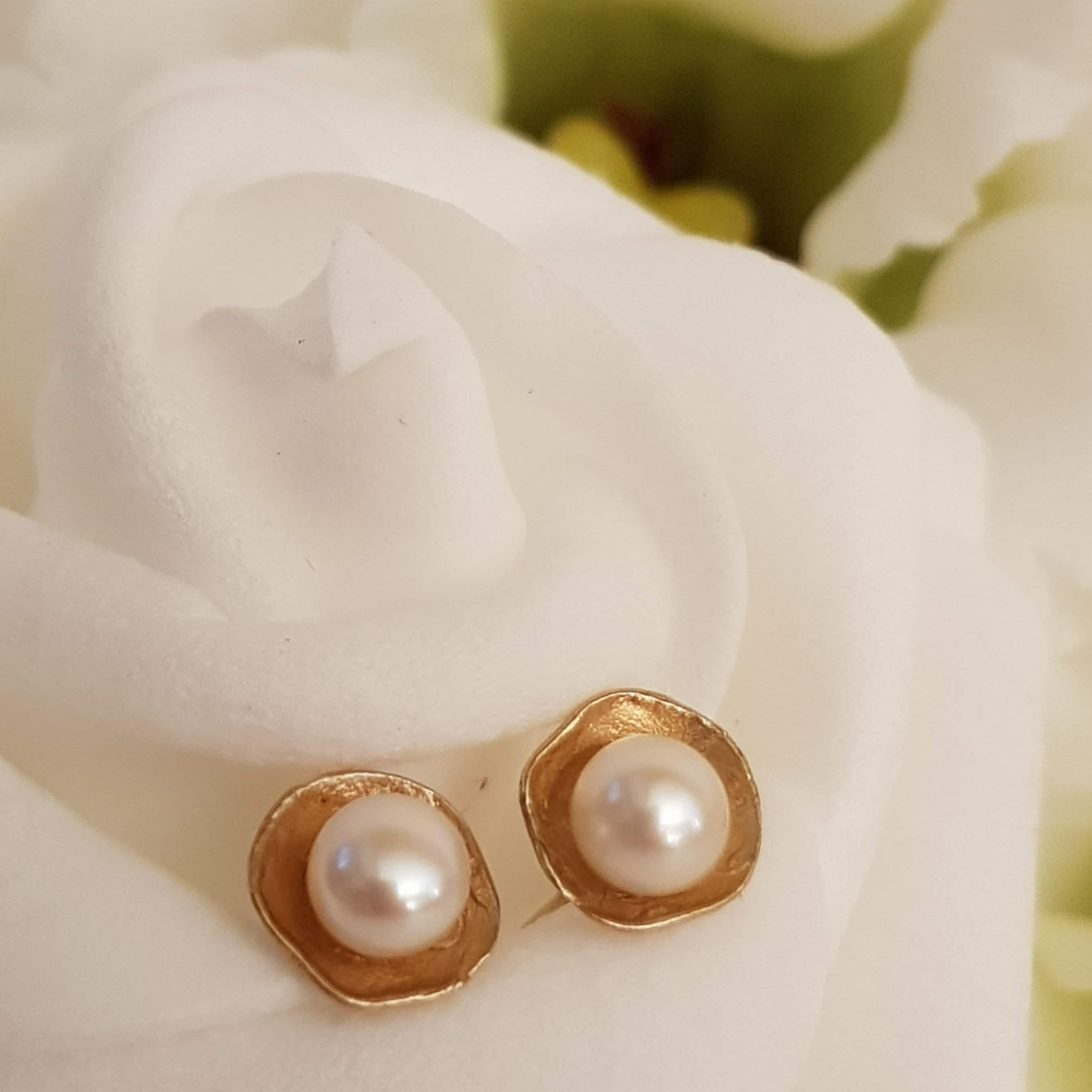 Handmade 14k Gold Pearl Stud Earrings, Real Cultured Pearls